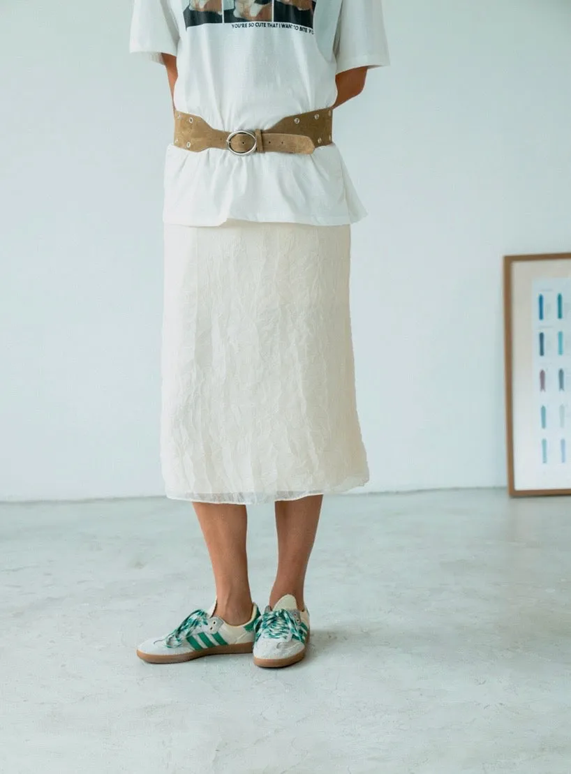 ( BROWN / IVORY ) WRINKLED MIDI CHIFFON SKIRT