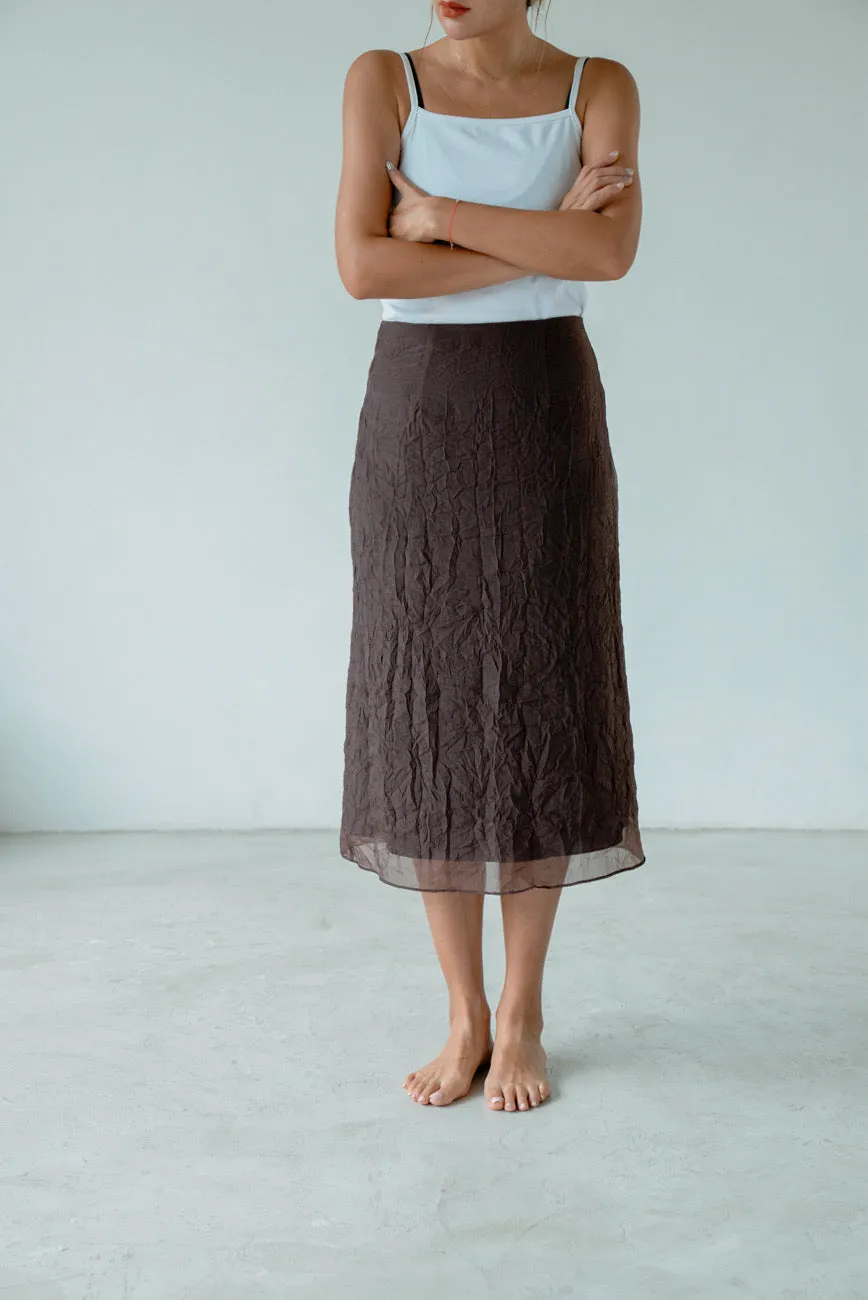 ( BROWN / IVORY ) WRINKLED MIDI CHIFFON SKIRT