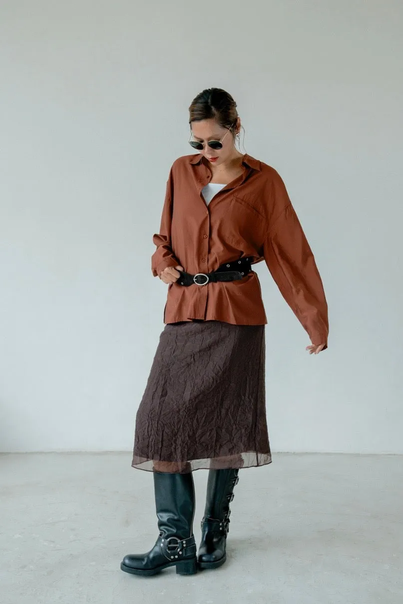 ( BROWN / IVORY ) WRINKLED MIDI CHIFFON SKIRT