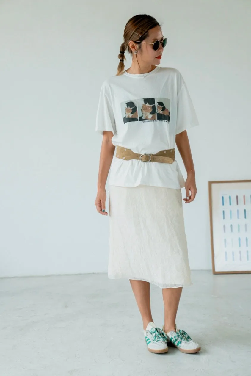 ( BROWN / IVORY ) WRINKLED MIDI CHIFFON SKIRT