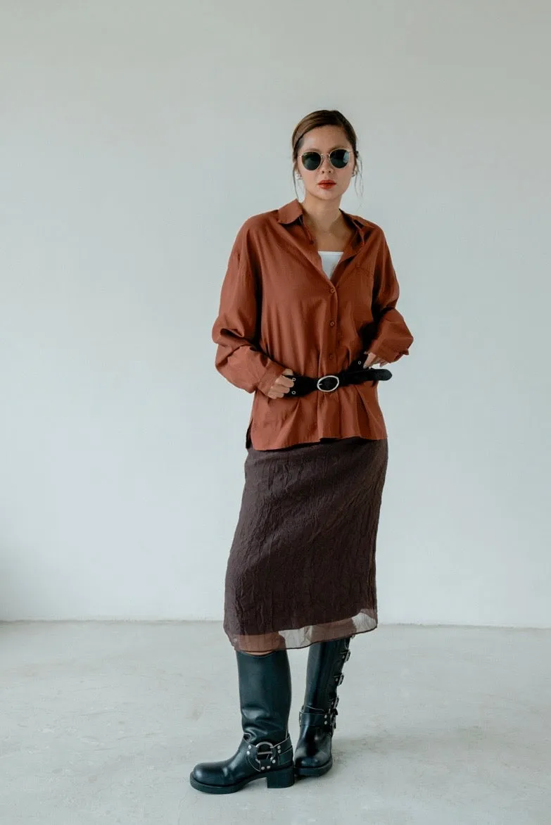 ( BROWN / IVORY ) WRINKLED MIDI CHIFFON SKIRT