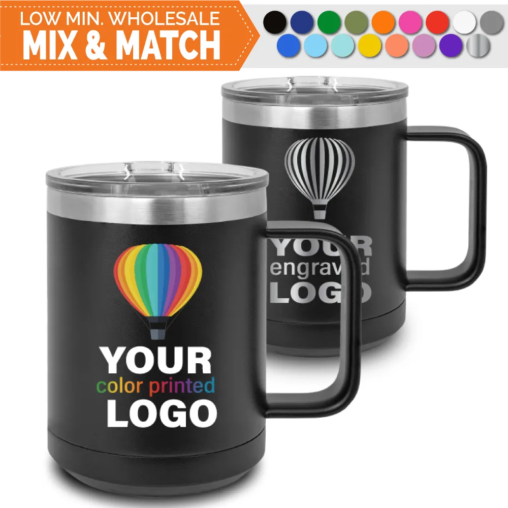 15 oz Handled Insulated Mug -Mix & Match- Bulk Wholesale Personalized Engraved or Full Color Print Logo