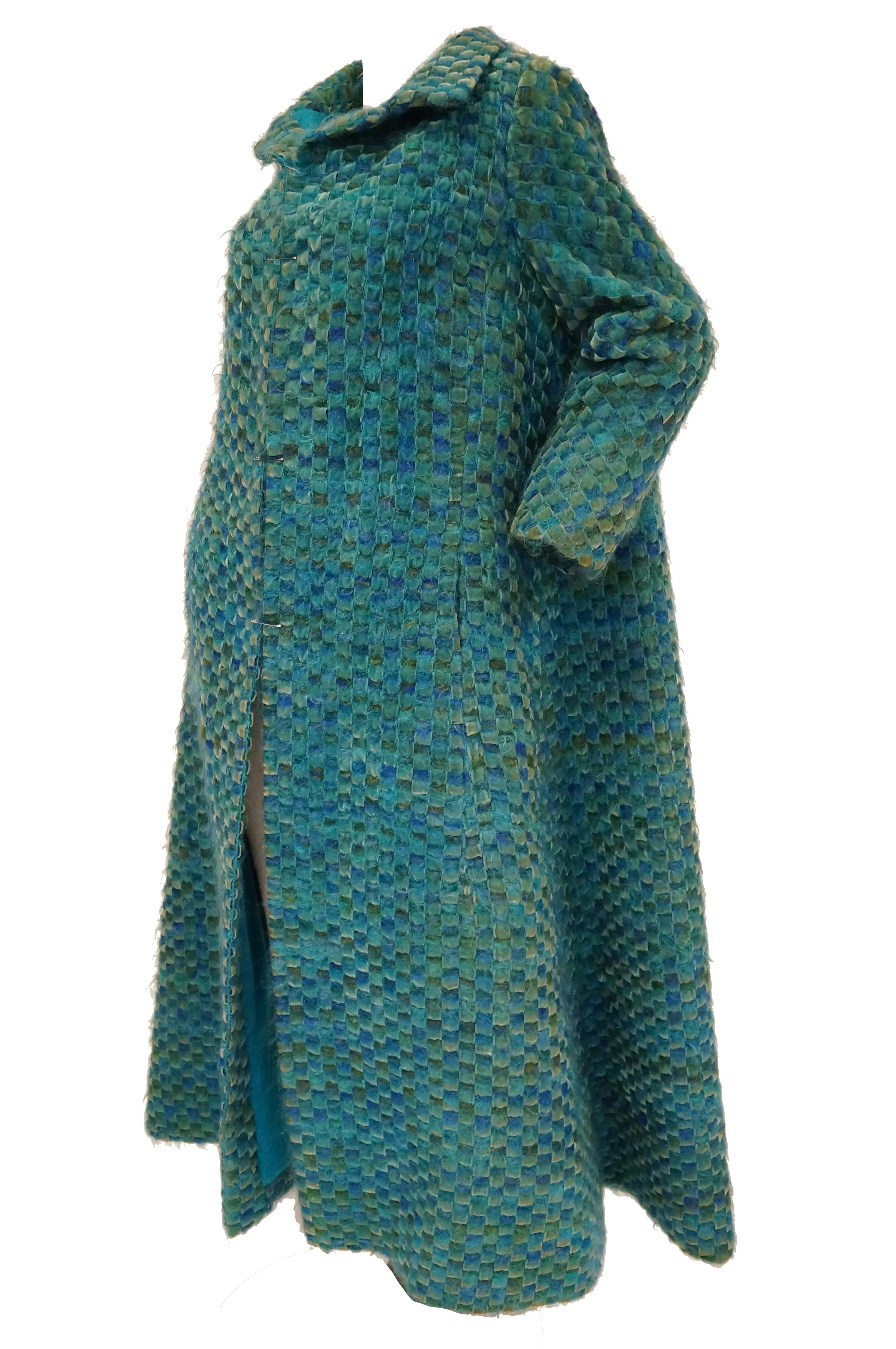 1960s Nina Ricci Haute Couture Angora and Velvet Turquoise Cape Coat