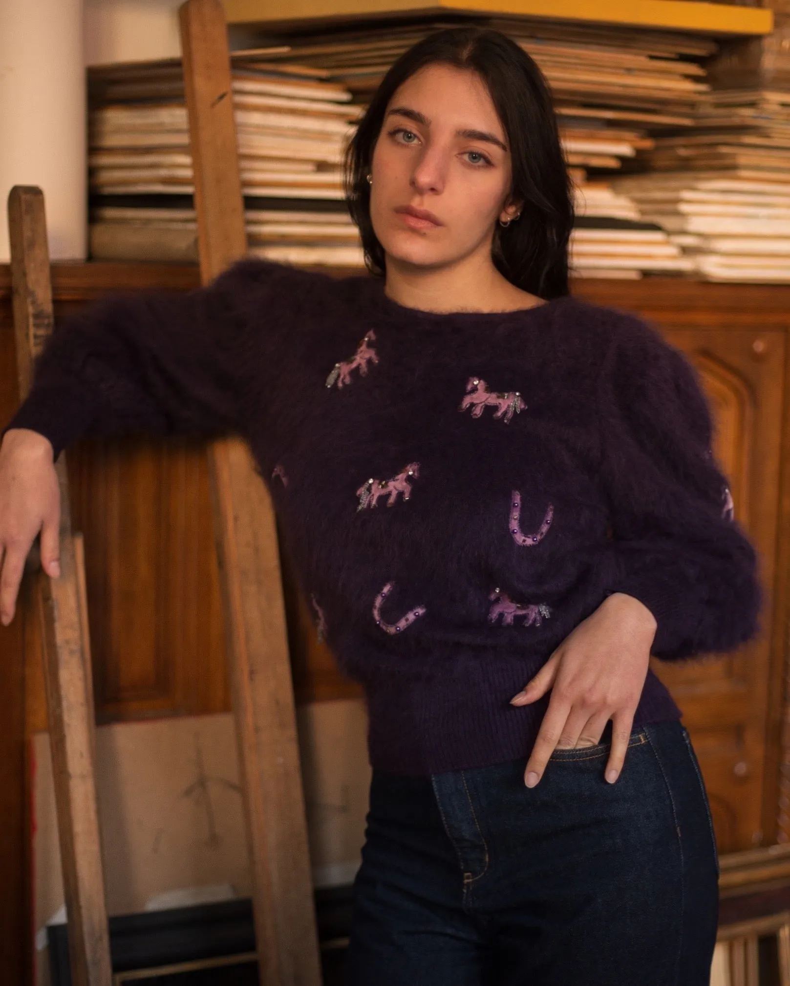 1980s angora puff sleeve horse appliqué sweater