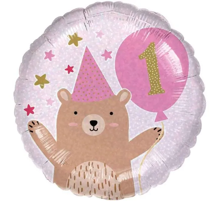 1st Birthday Bear Girl Foil Balloon - 18 inch