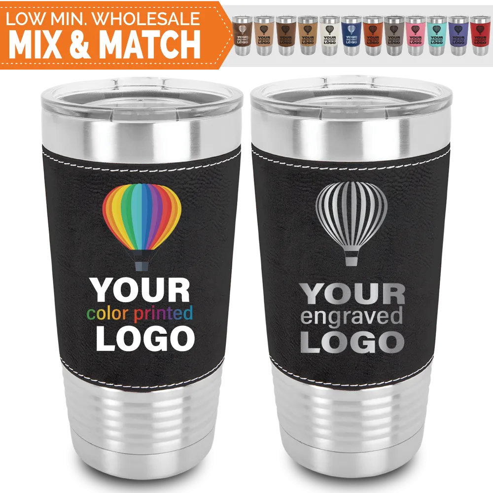 20 oz Leatherette (Faux Leather) Tumblers -Mix & Match- Bulk Wholesale Personalized Engraved or Full Color Print Logo