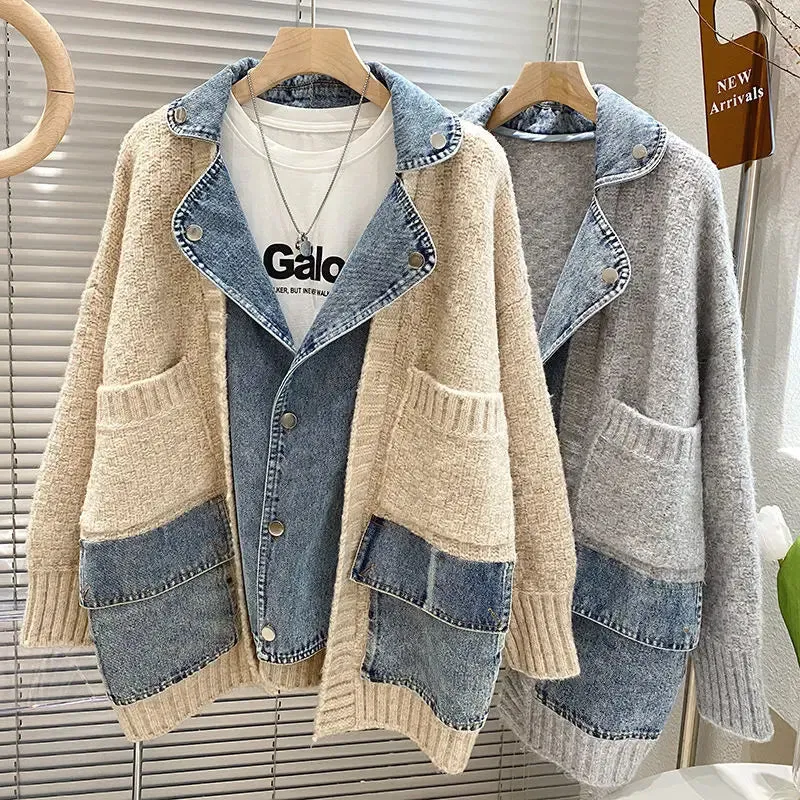 2023 New Autumn Winter Women Splicing Denim Jacket Women Long Sleeve Jean Jackets Female Loose Sweater Cardigan Jacket