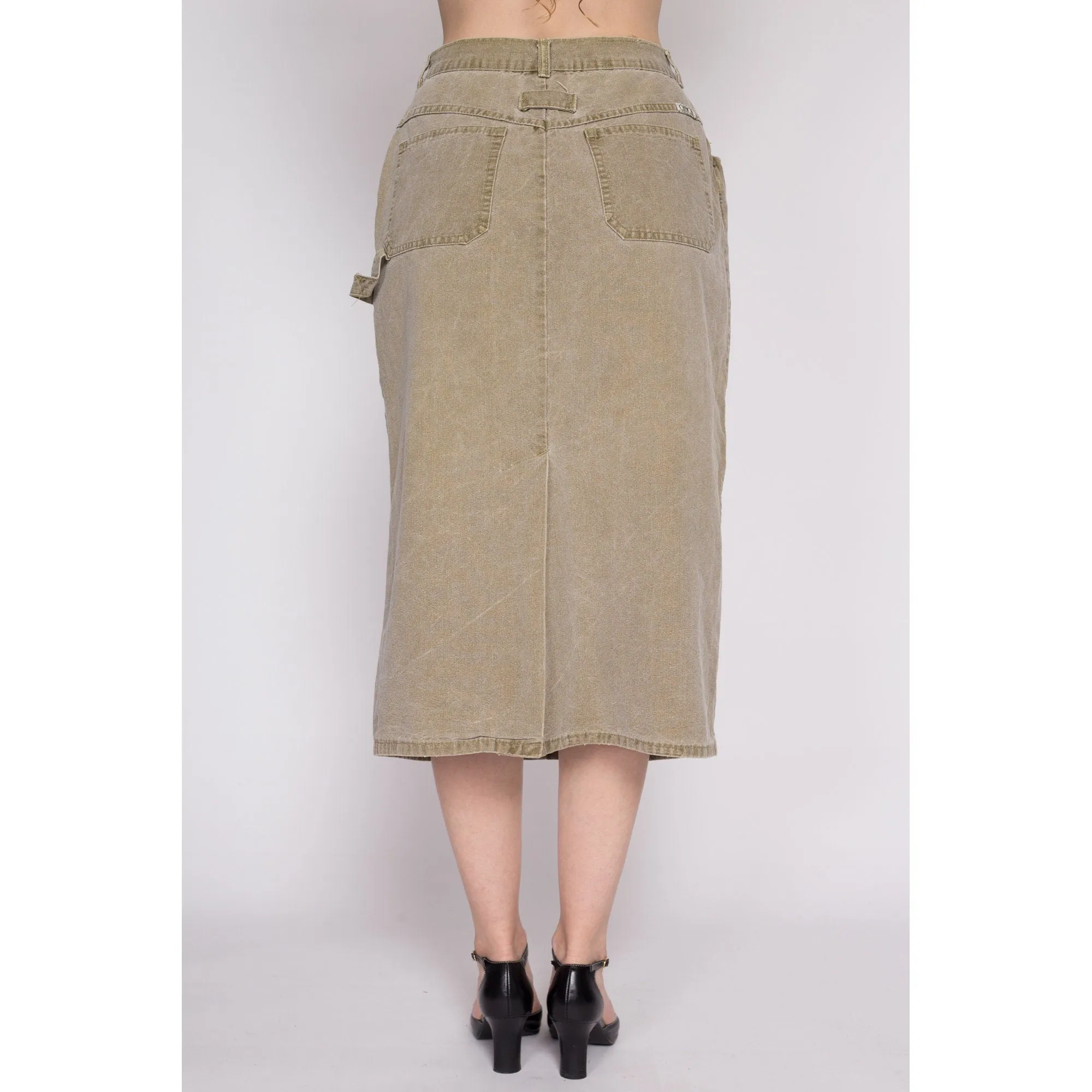 90s Olive Khaki Midi Carpenter Skirt - Medium, 28"