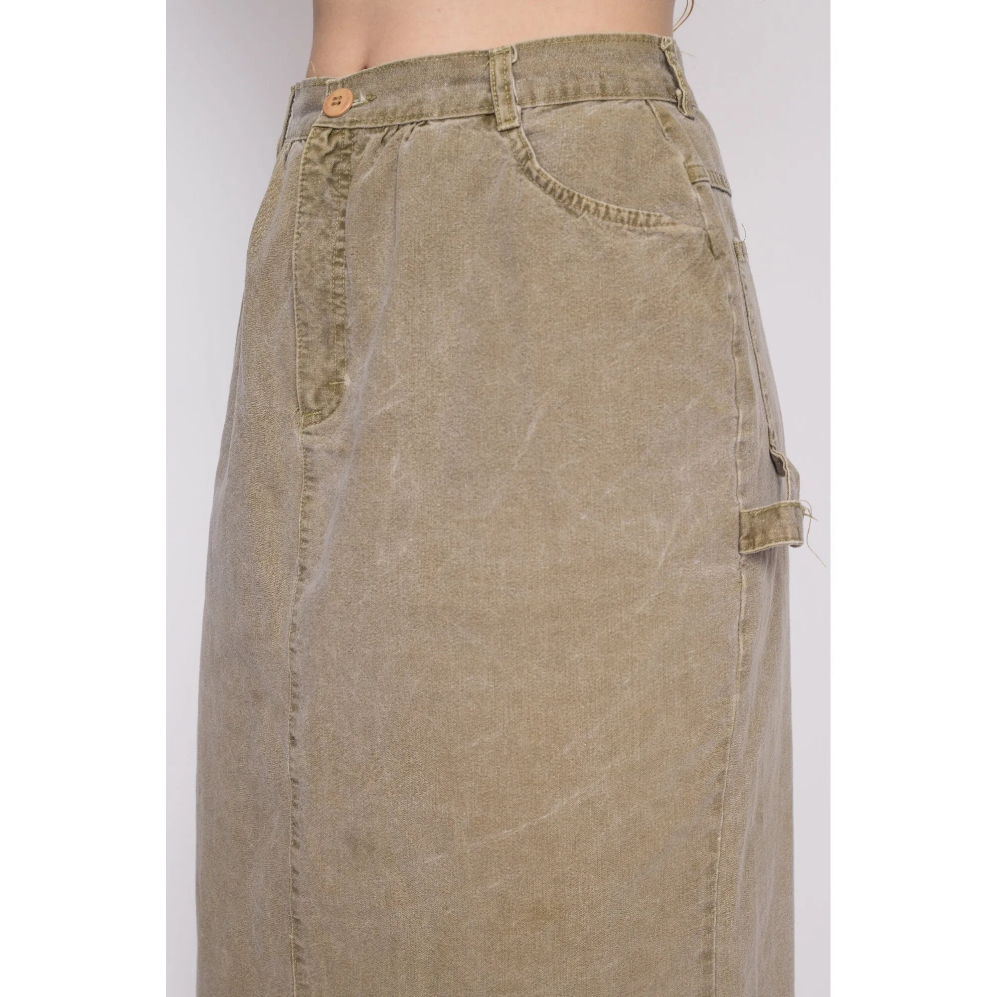 90s Olive Khaki Midi Carpenter Skirt - Medium, 28"