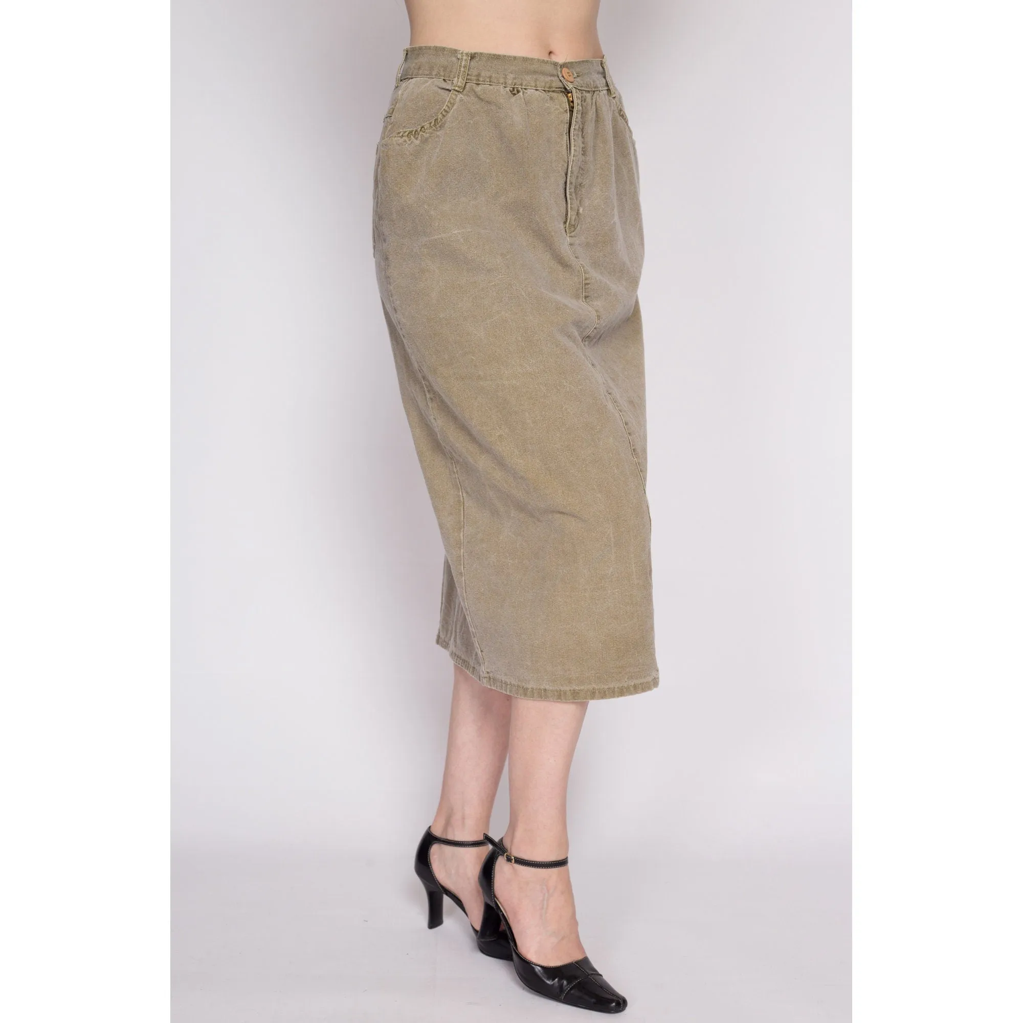 90s Olive Khaki Midi Carpenter Skirt - Medium, 28"