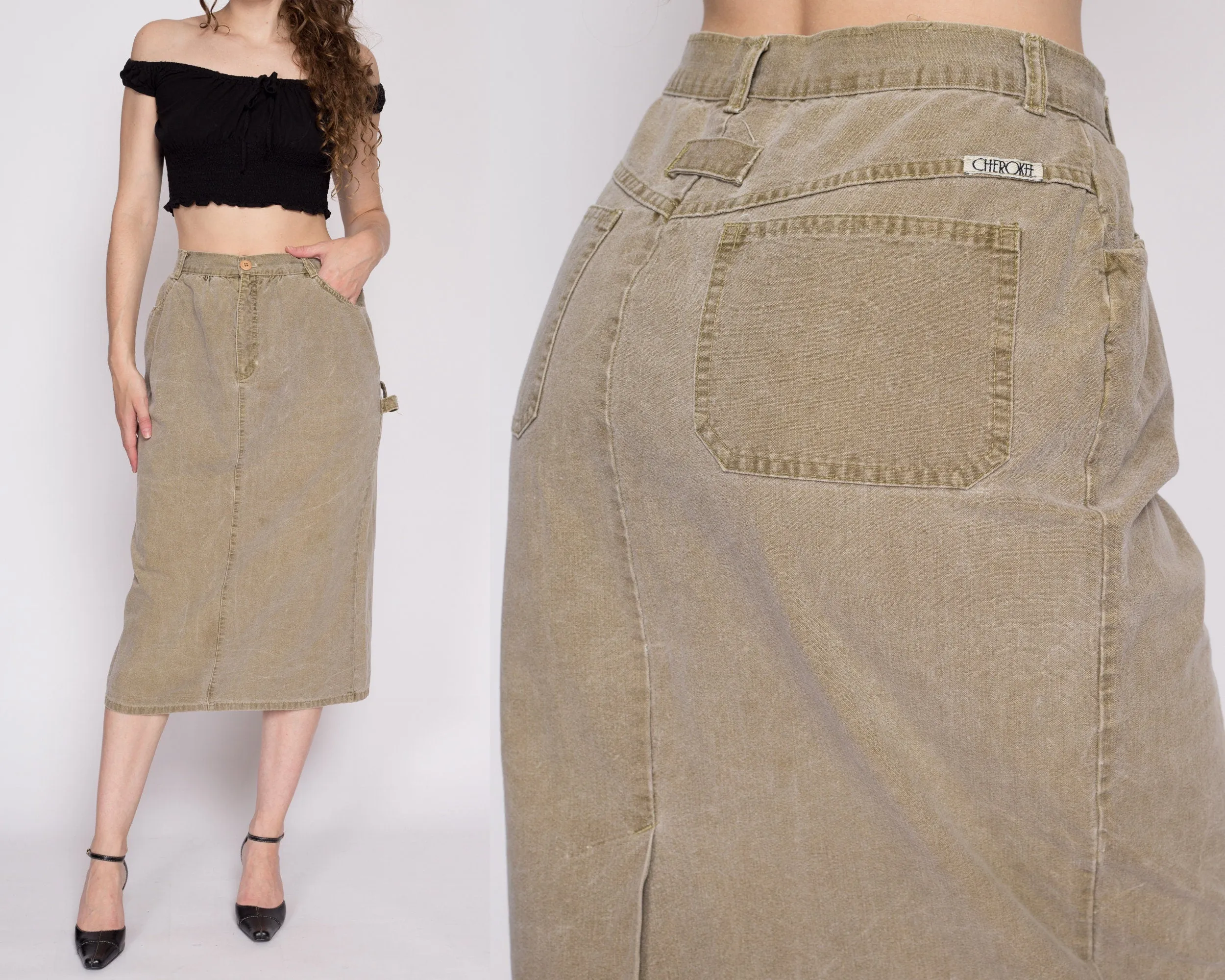 90s Olive Khaki Midi Carpenter Skirt - Medium, 28"