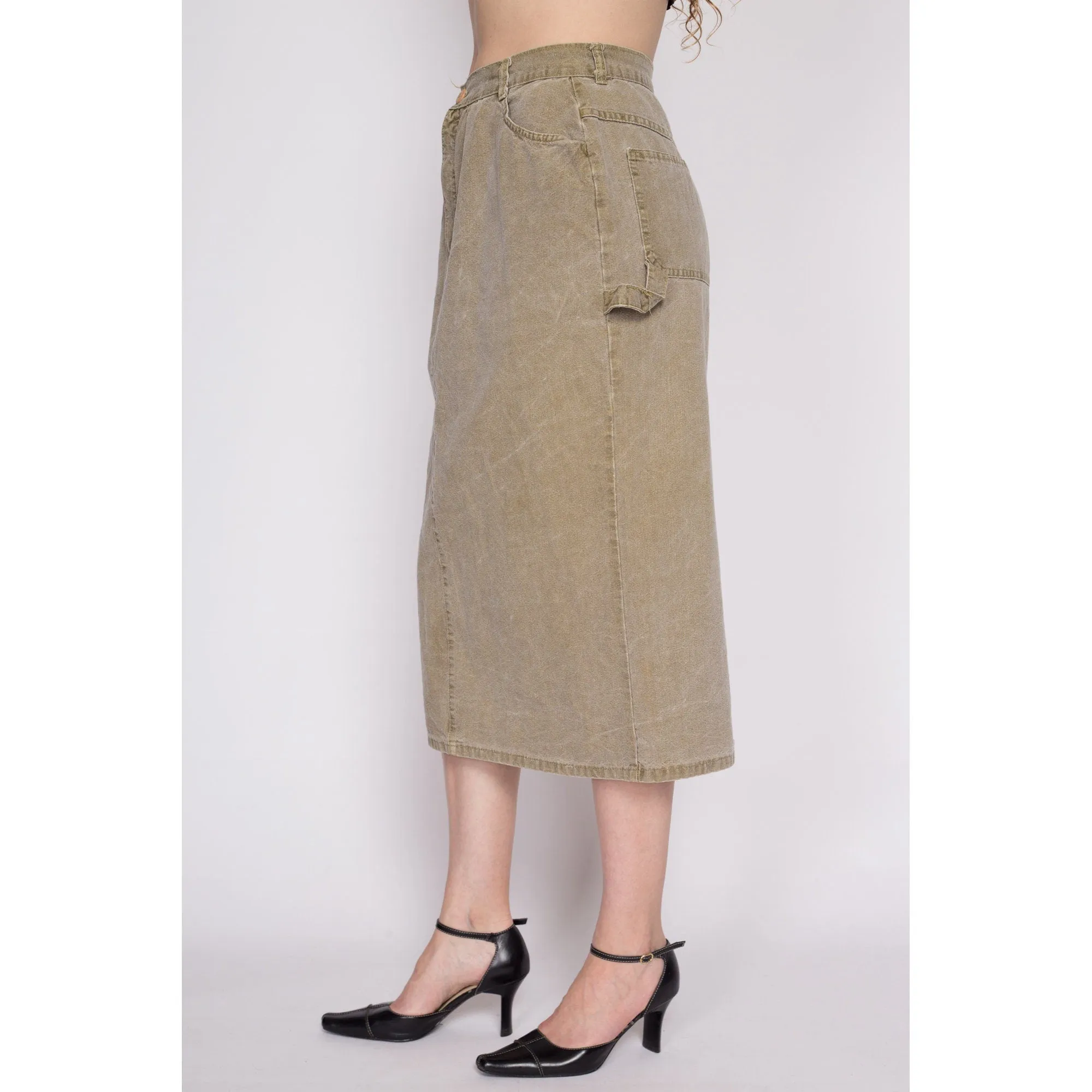 90s Olive Khaki Midi Carpenter Skirt - Medium, 28"