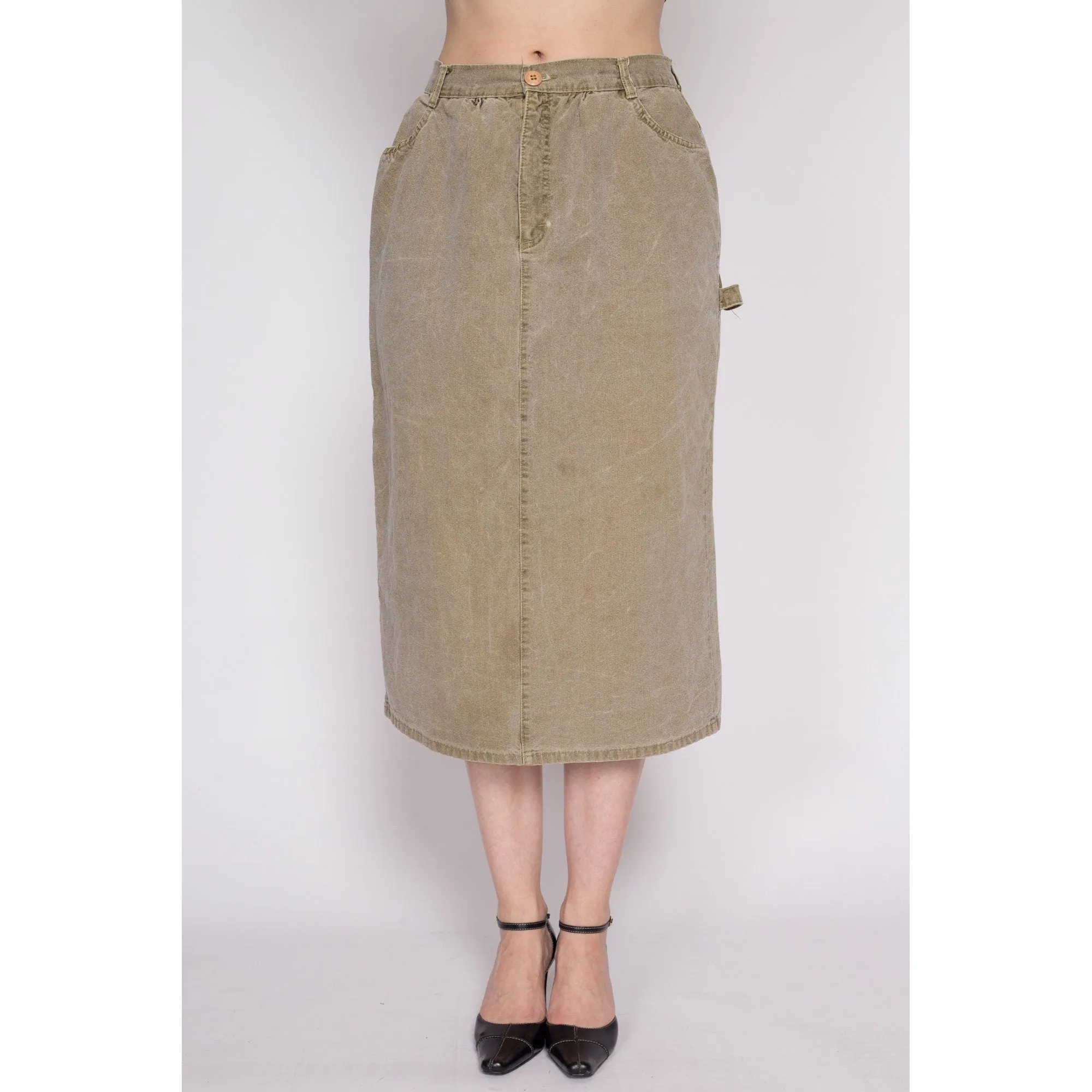 90s Olive Khaki Midi Carpenter Skirt - Medium, 28"