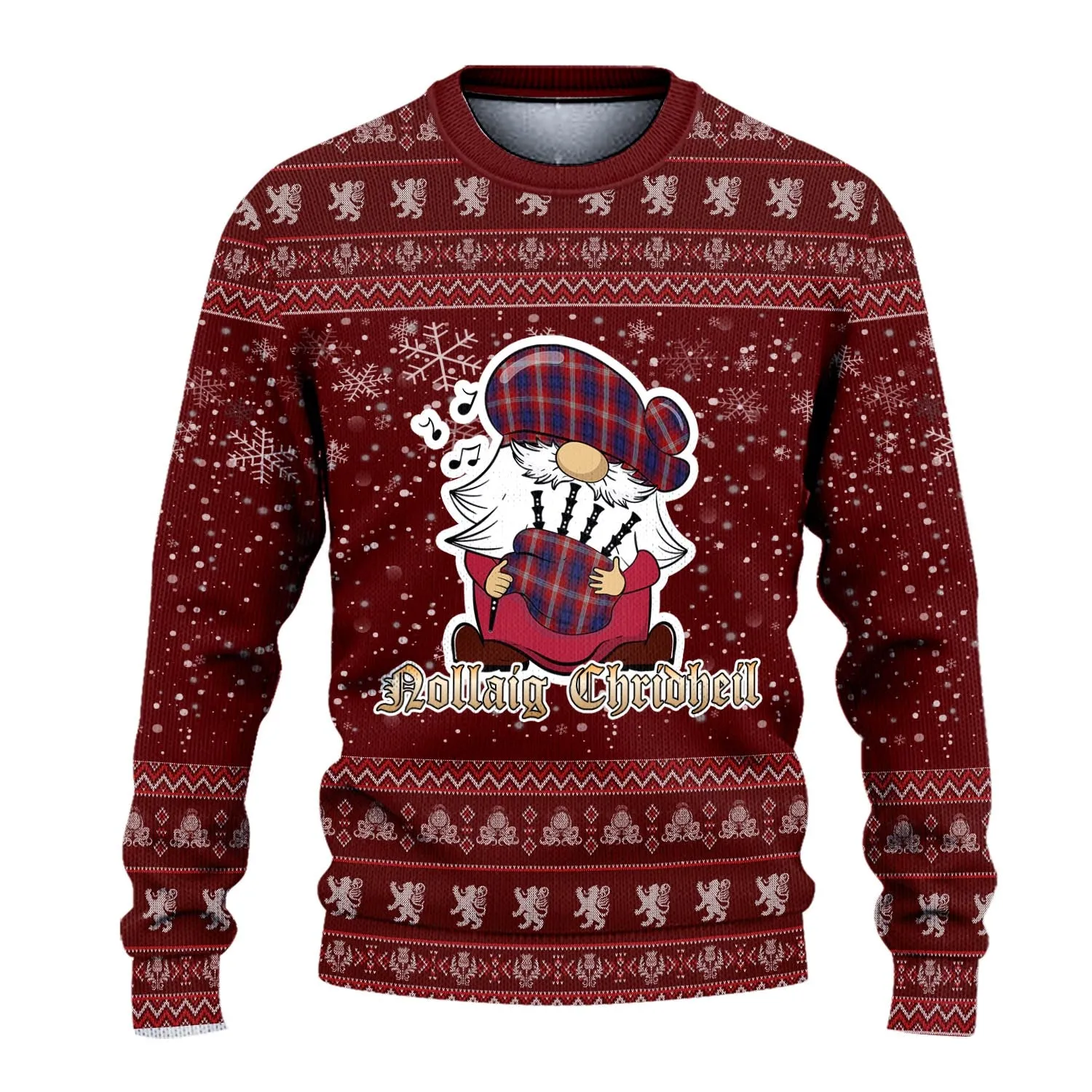 Ainslie Clan Christmas Family Ugly Sweater with Funny Gnome Playing Bagpipes