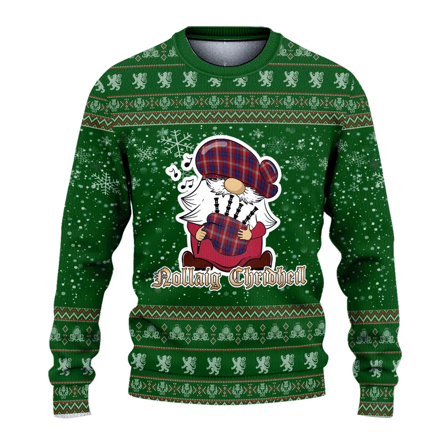 Ainslie Clan Christmas Family Ugly Sweater with Funny Gnome Playing Bagpipes