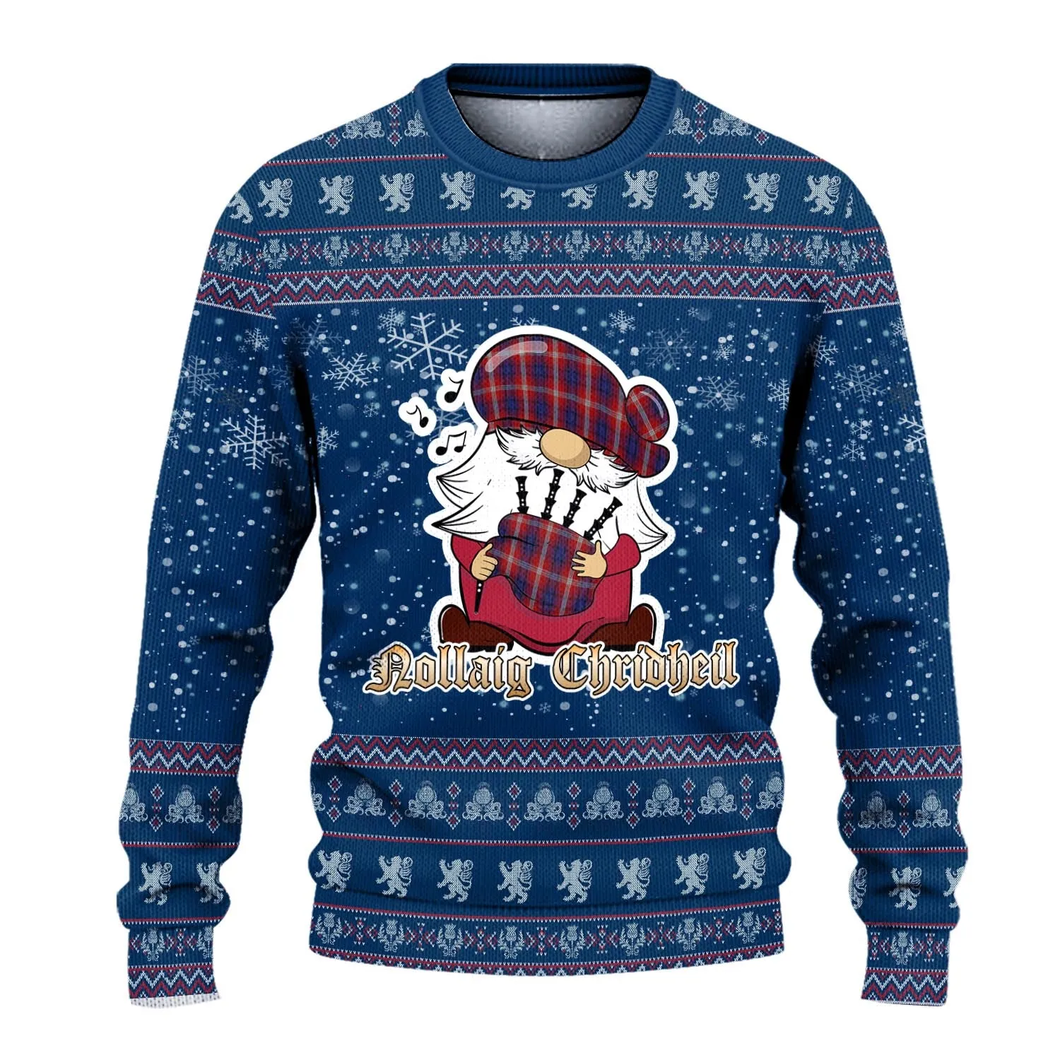 Ainslie Clan Christmas Family Ugly Sweater with Funny Gnome Playing Bagpipes