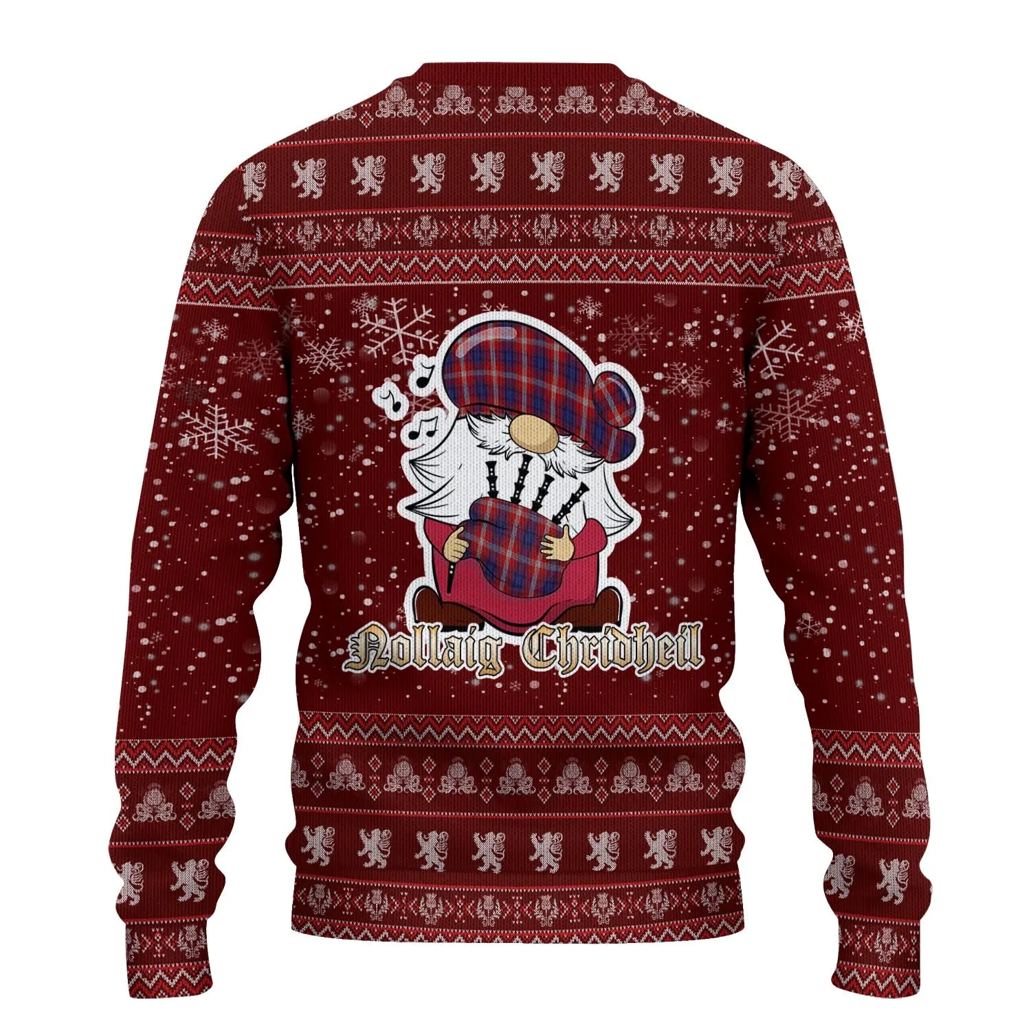 Ainslie Clan Christmas Family Ugly Sweater with Funny Gnome Playing Bagpipes