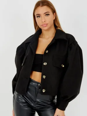 Amber Balloon Sleeve Thick Cropped Jacket In Black