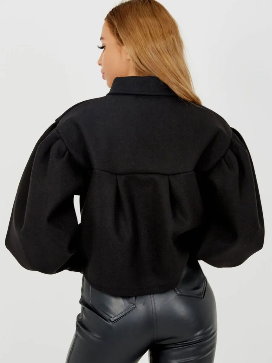 Amber Balloon Sleeve Thick Cropped Jacket In Black