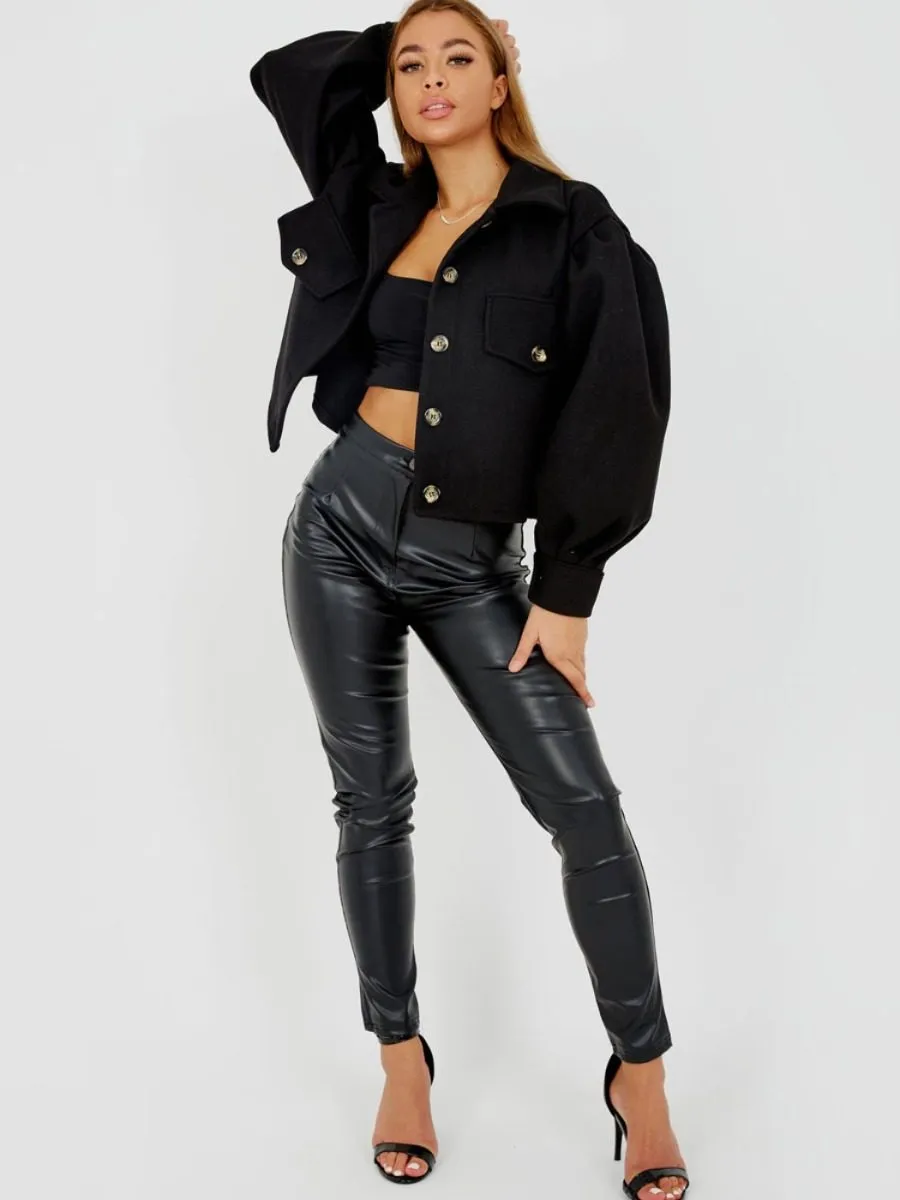 Amber Balloon Sleeve Thick Cropped Jacket In Black