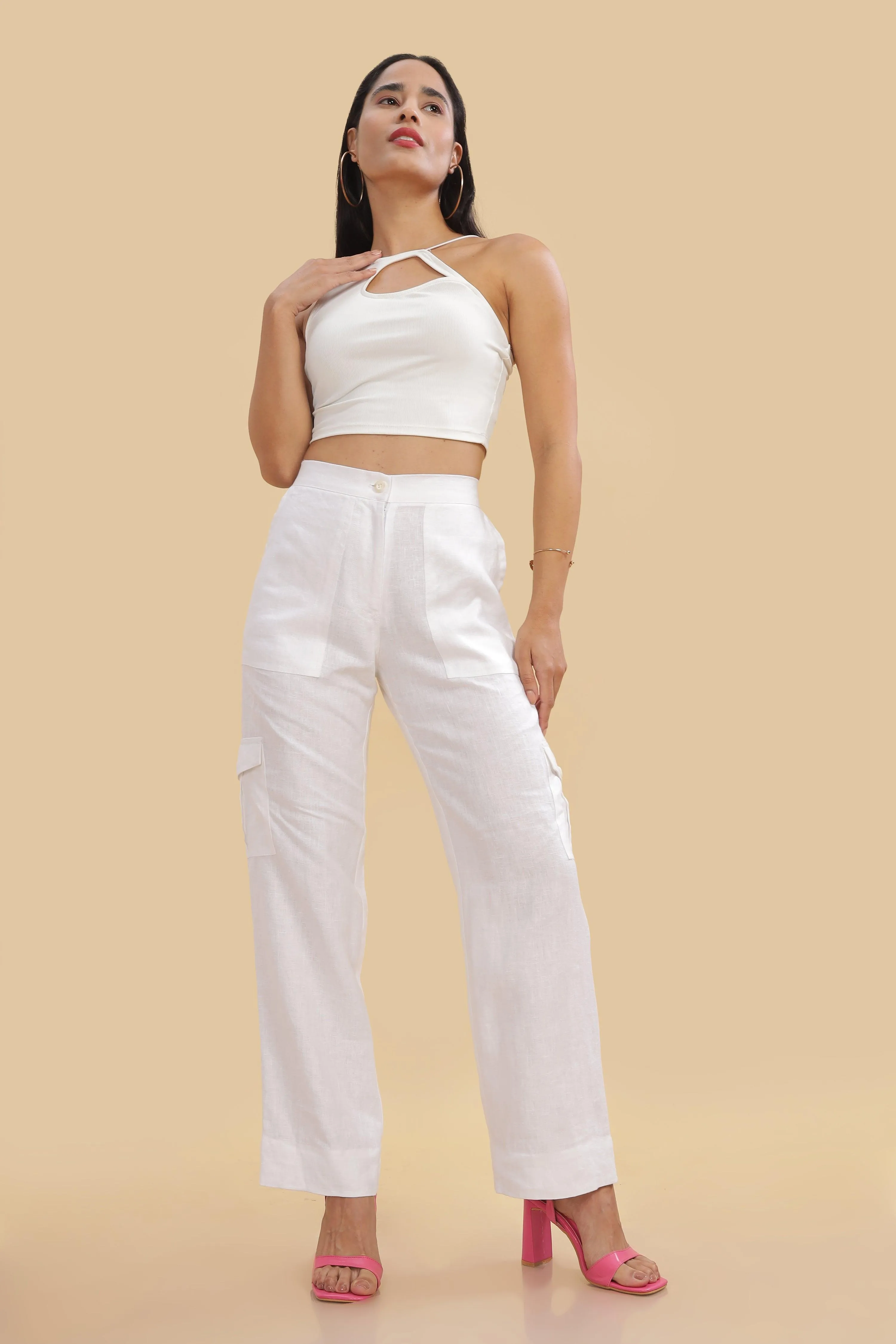 AMBER - Pure Irish Linen Cargo White Trousers