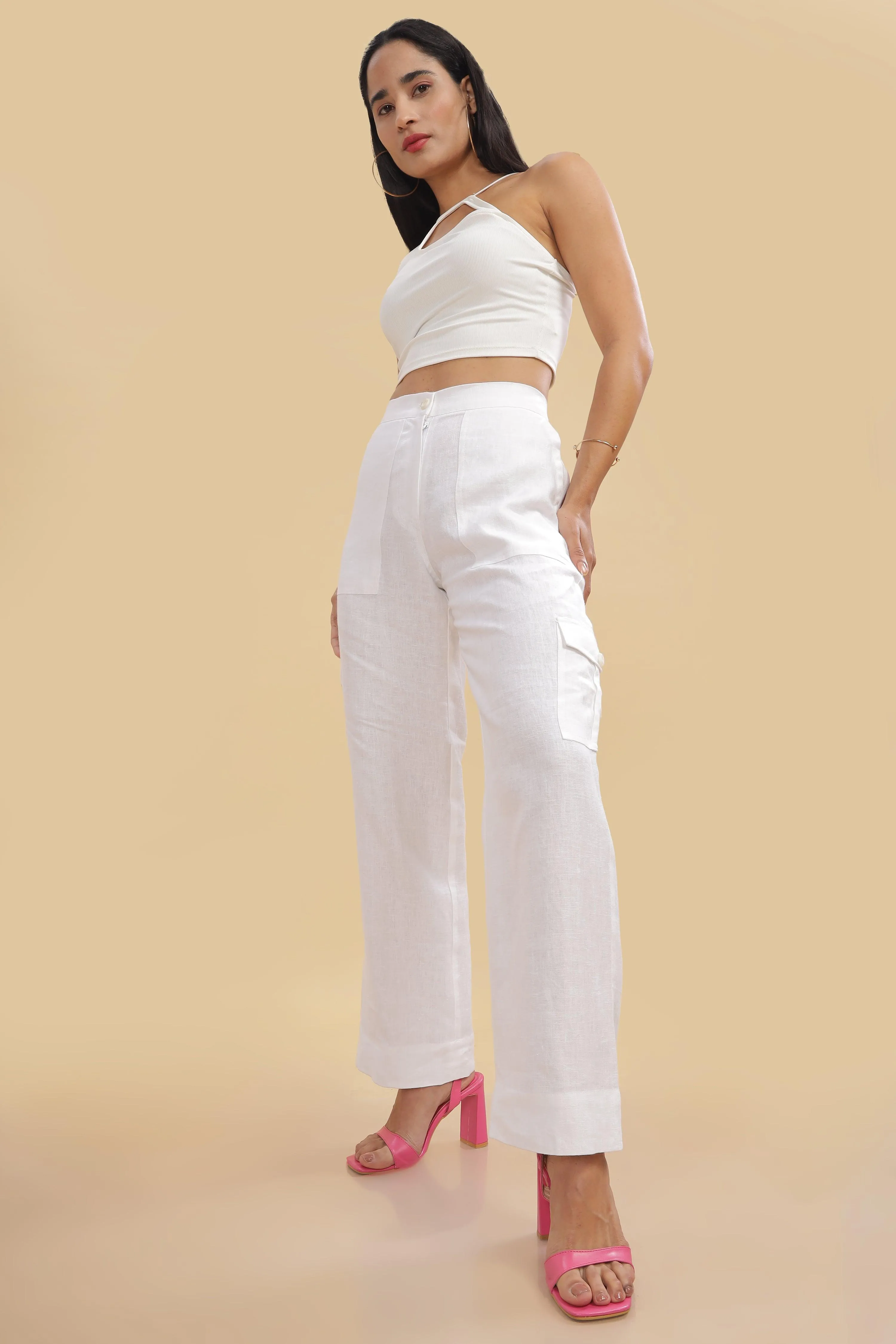 AMBER - Pure Irish Linen Cargo White Trousers