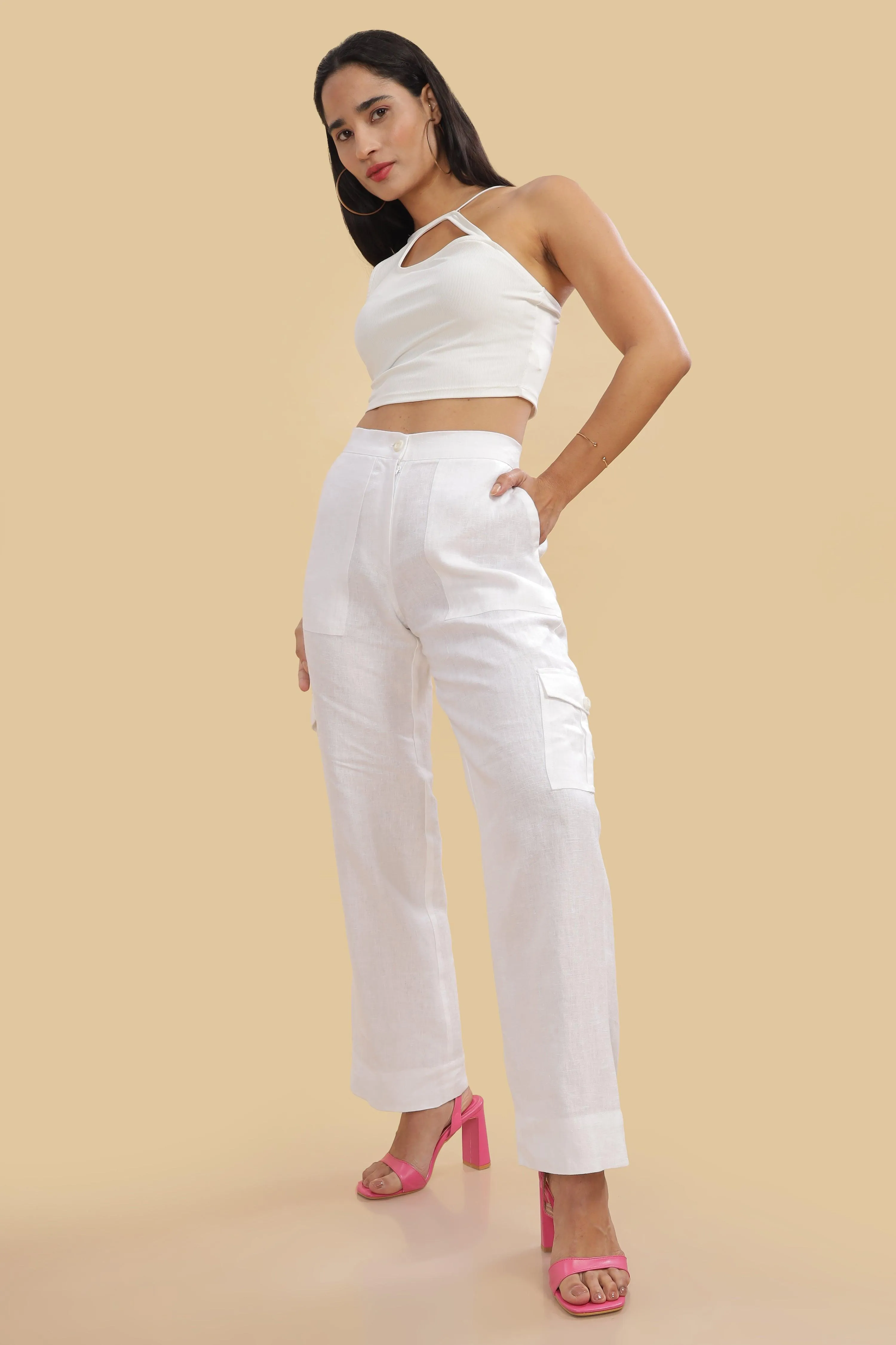 AMBER - Pure Irish Linen Cargo White Trousers