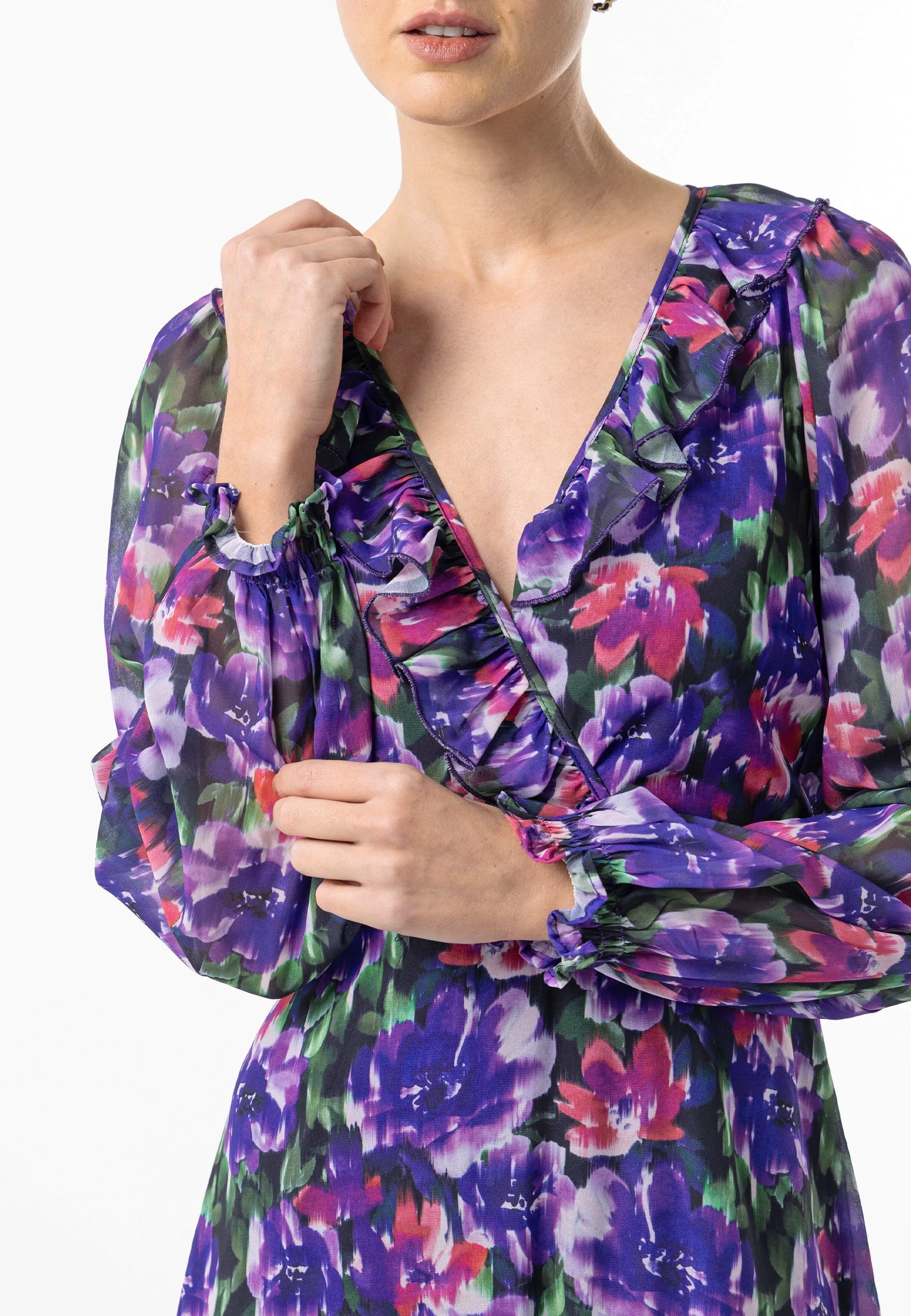 Angeleye Faux Wrap Ruffle Detail Midi Dress In Purple Floral