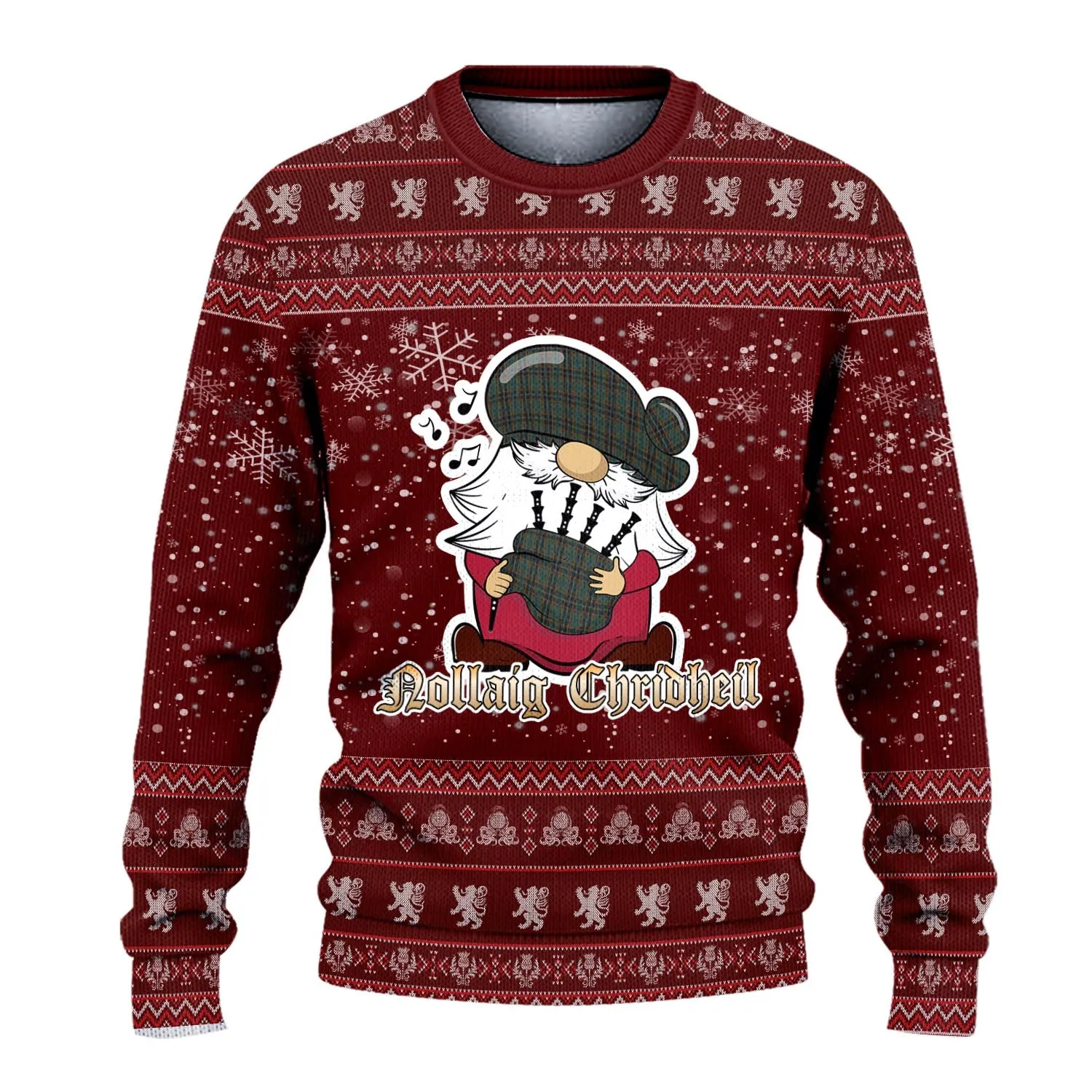 Antrim County Ireland Clan Christmas Family Ugly Sweater with Funny Gnome Playing Bagpipes