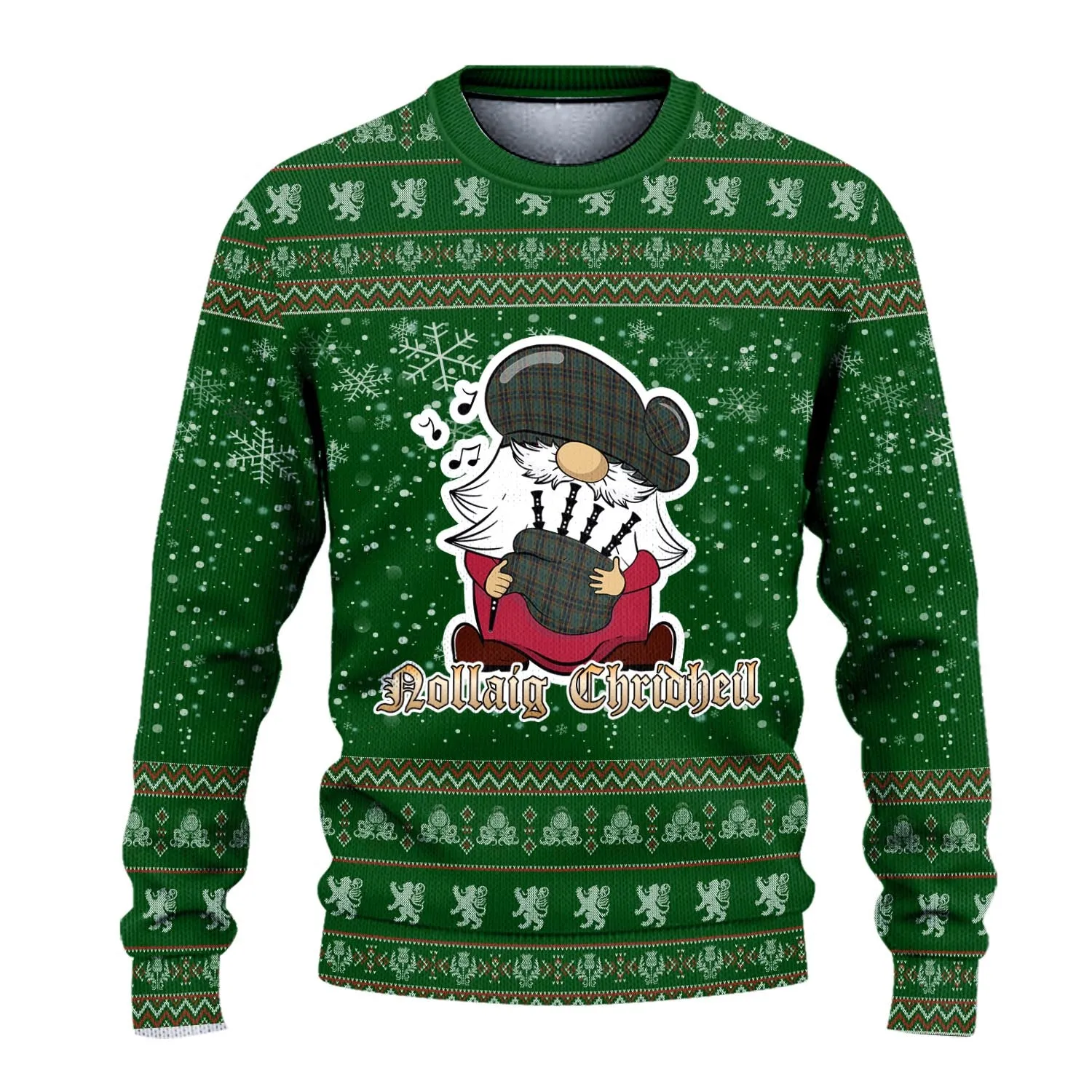 Antrim County Ireland Clan Christmas Family Ugly Sweater with Funny Gnome Playing Bagpipes