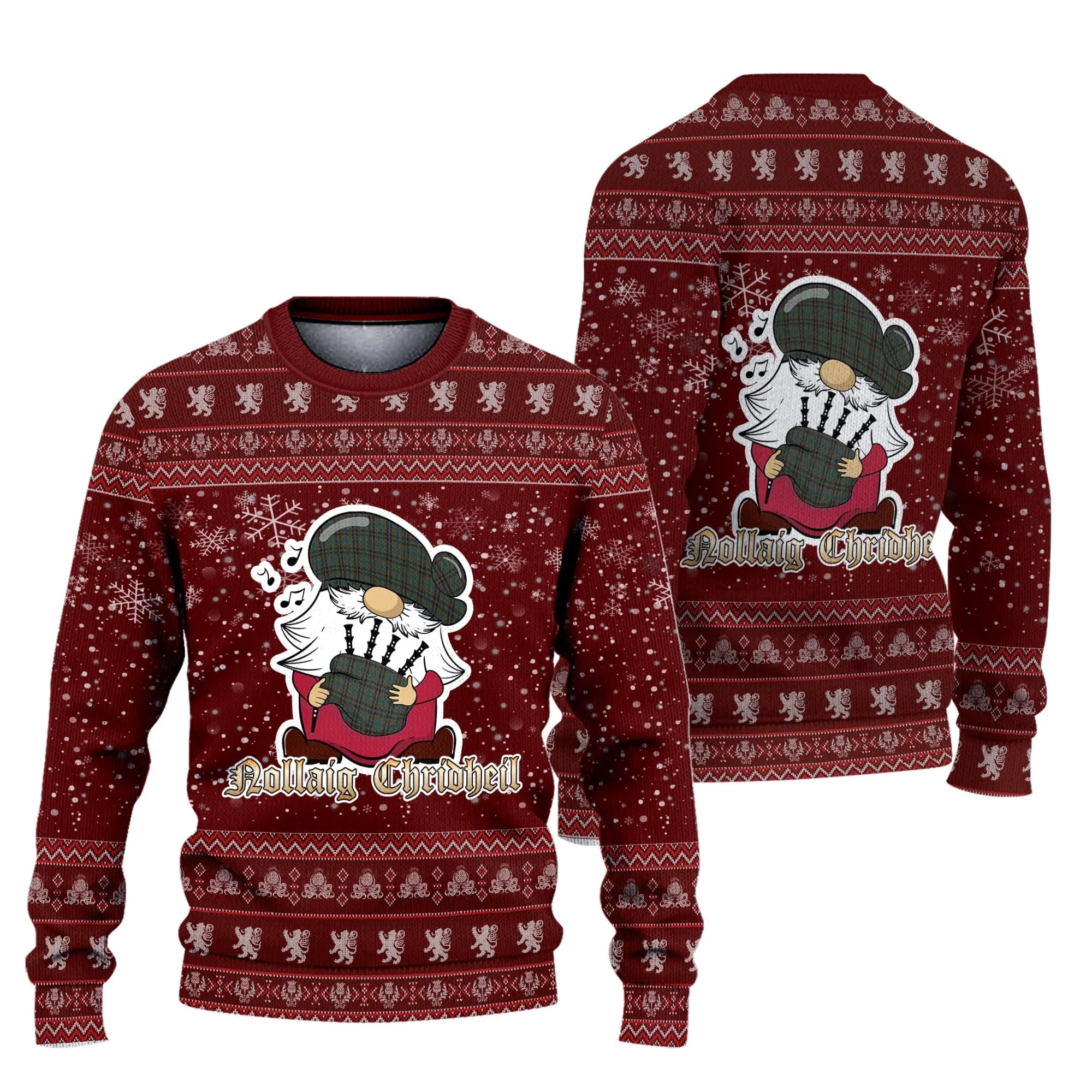 Antrim County Ireland Clan Christmas Family Ugly Sweater with Funny Gnome Playing Bagpipes