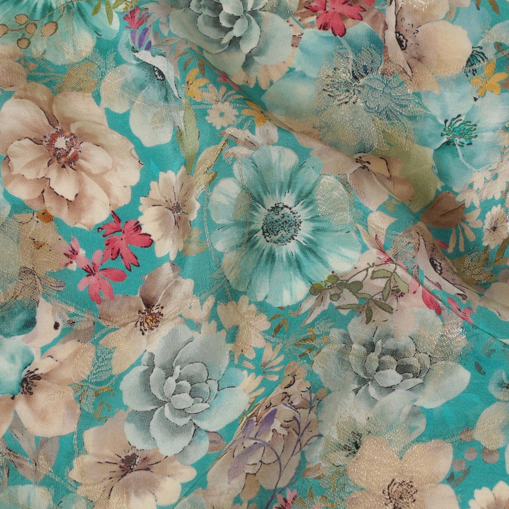 Aqua Blossom Viscose Crepe Fabric - Lively Floral Print, Premium Quality from India, 110cm Wide-D18720