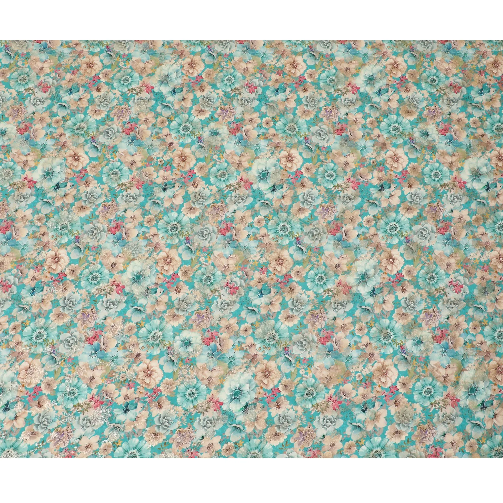 Aqua Blossom Viscose Crepe Fabric - Lively Floral Print, Premium Quality from India, 110cm Wide-D18720