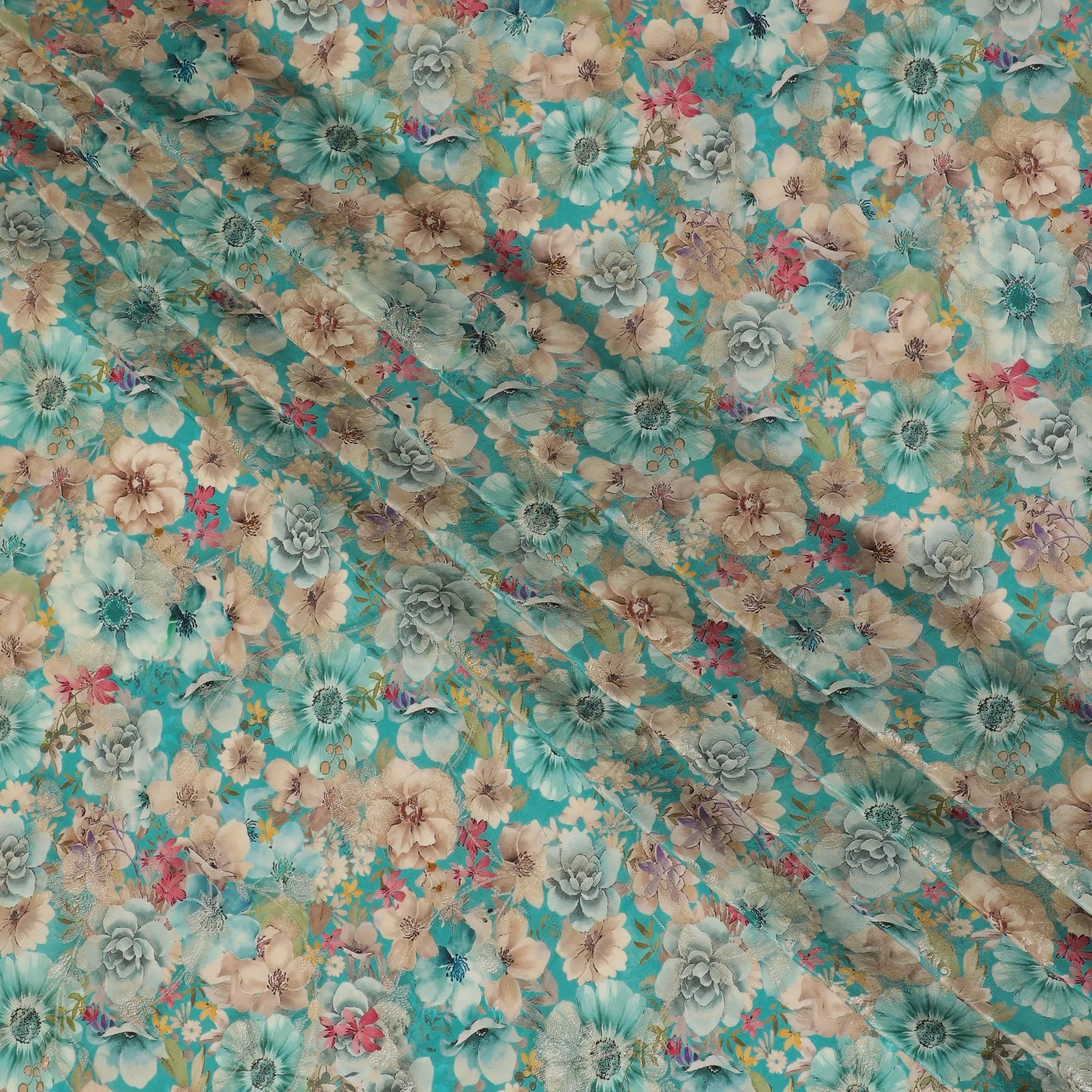 Aqua Blossom Viscose Crepe Fabric - Lively Floral Print, Premium Quality from India, 110cm Wide-D18720