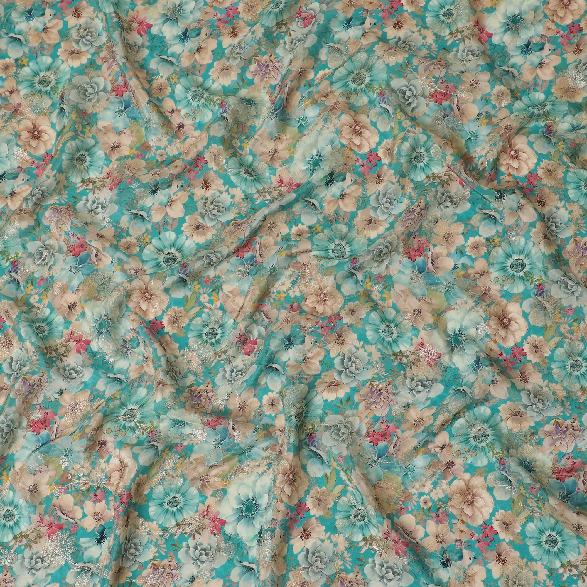 Aqua Blossom Viscose Crepe Fabric - Lively Floral Print, Premium Quality from India, 110cm Wide-D18720