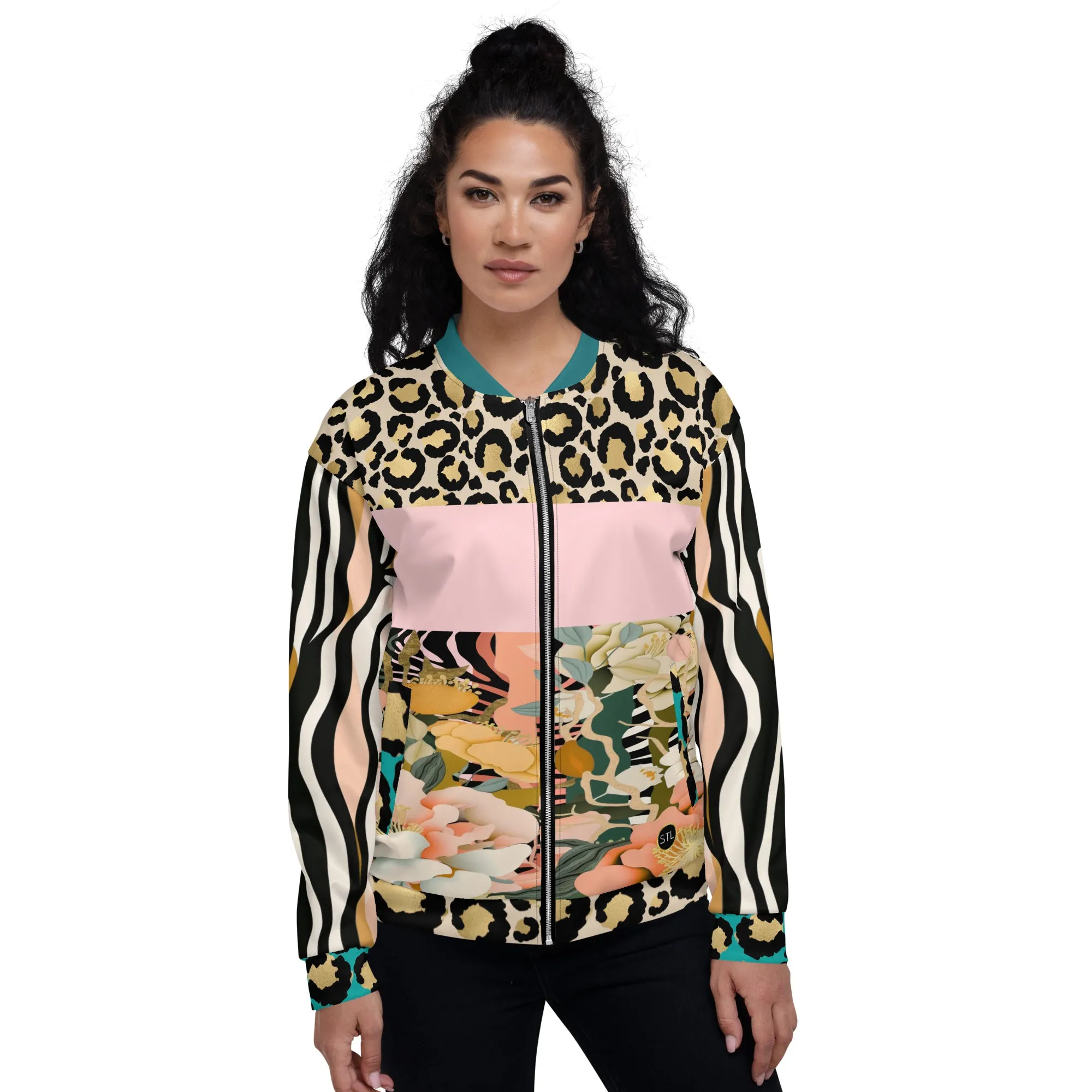 Ballerina in Garden Floral Zebra Stripe Unisex Bomber Jacket