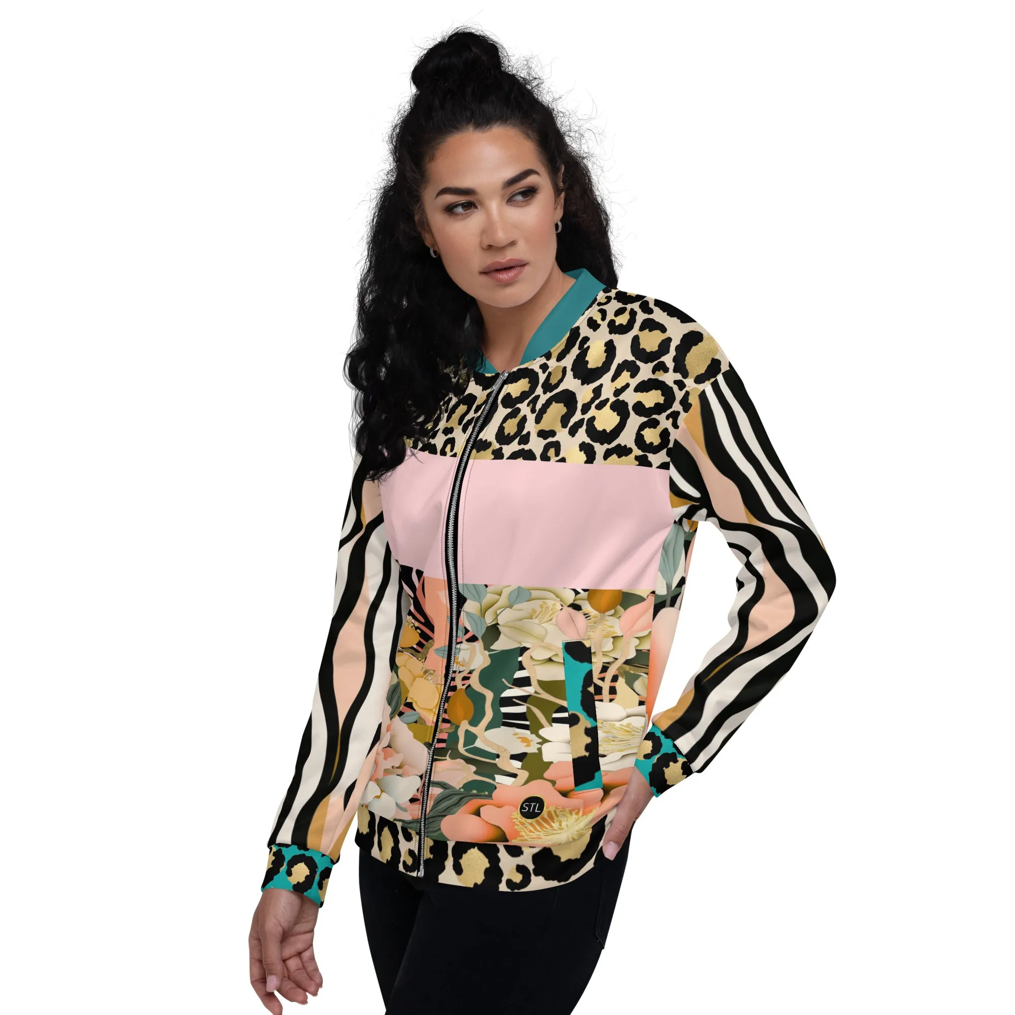 Ballerina in Garden Floral Zebra Stripe Unisex Bomber Jacket