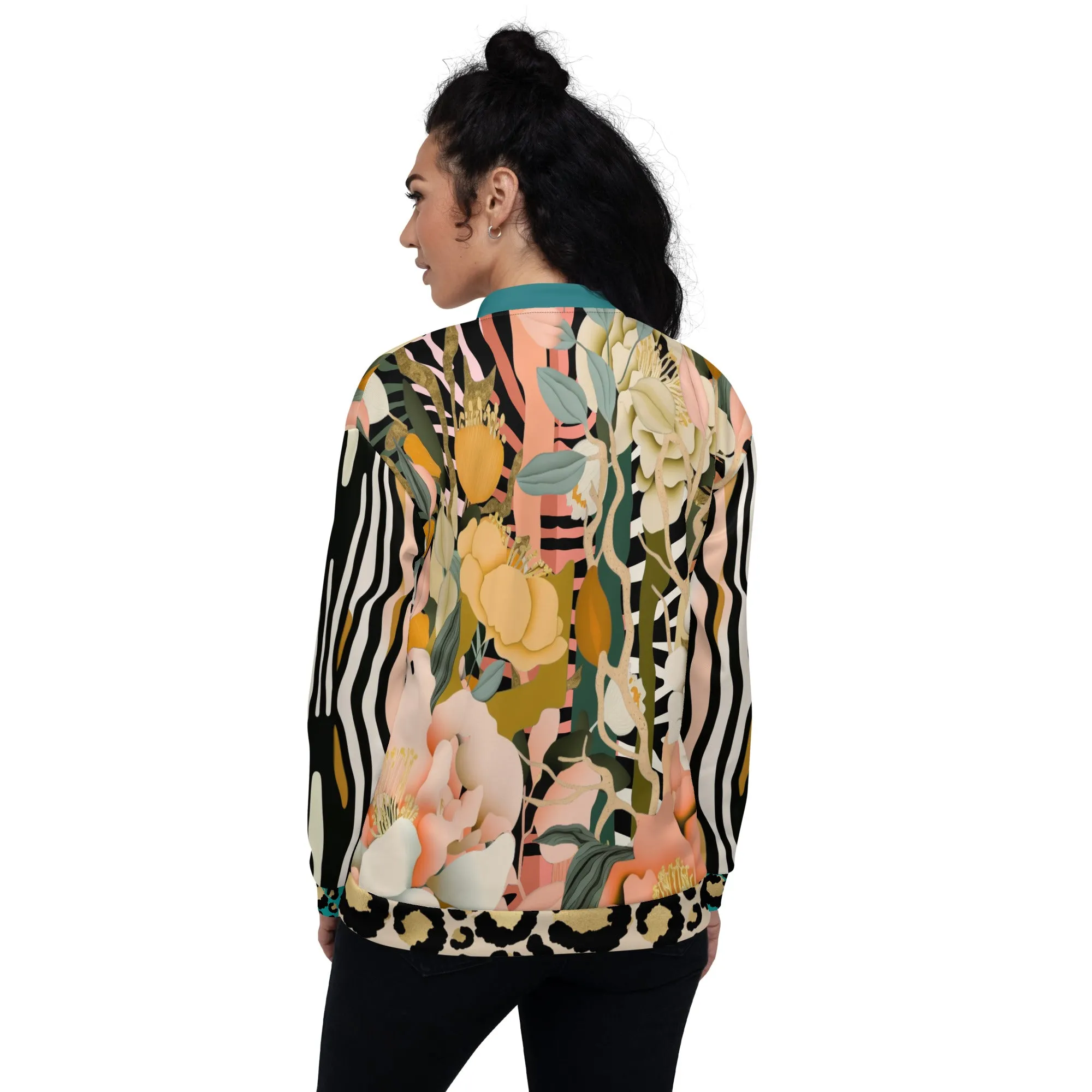 Ballerina in Garden Floral Zebra Stripe Unisex Bomber Jacket