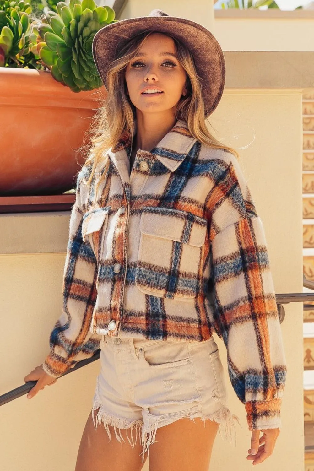 BiBi Crop Jacket USA Stock Brushed Plaid Long Sleeve with Pockets