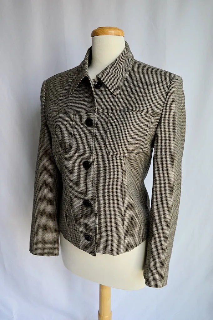 Black and Beige Checkered Wool Cropped Blazer | Small-Medium