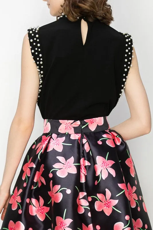 Black Floral Print High Waist Flared Midi Skirt