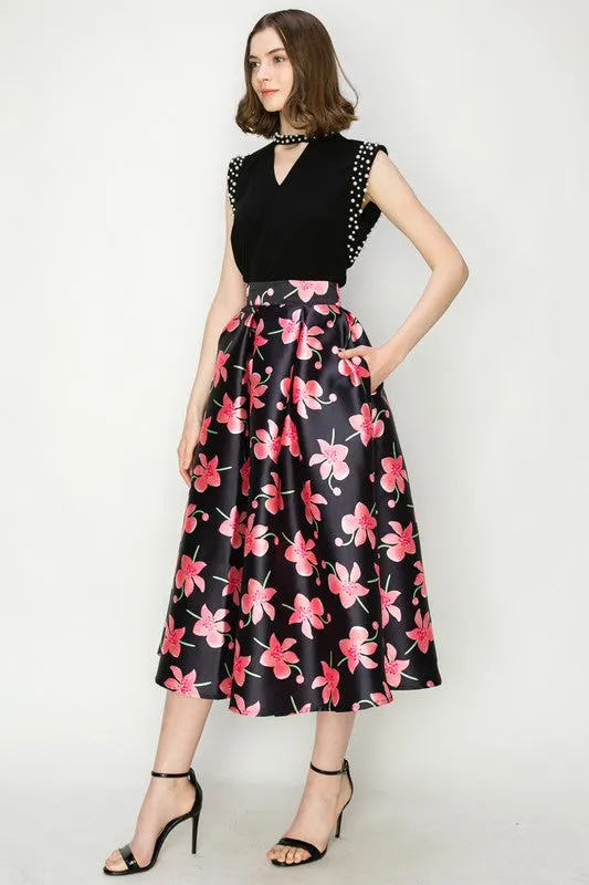 Black Floral Print High Waist Flared Midi Skirt