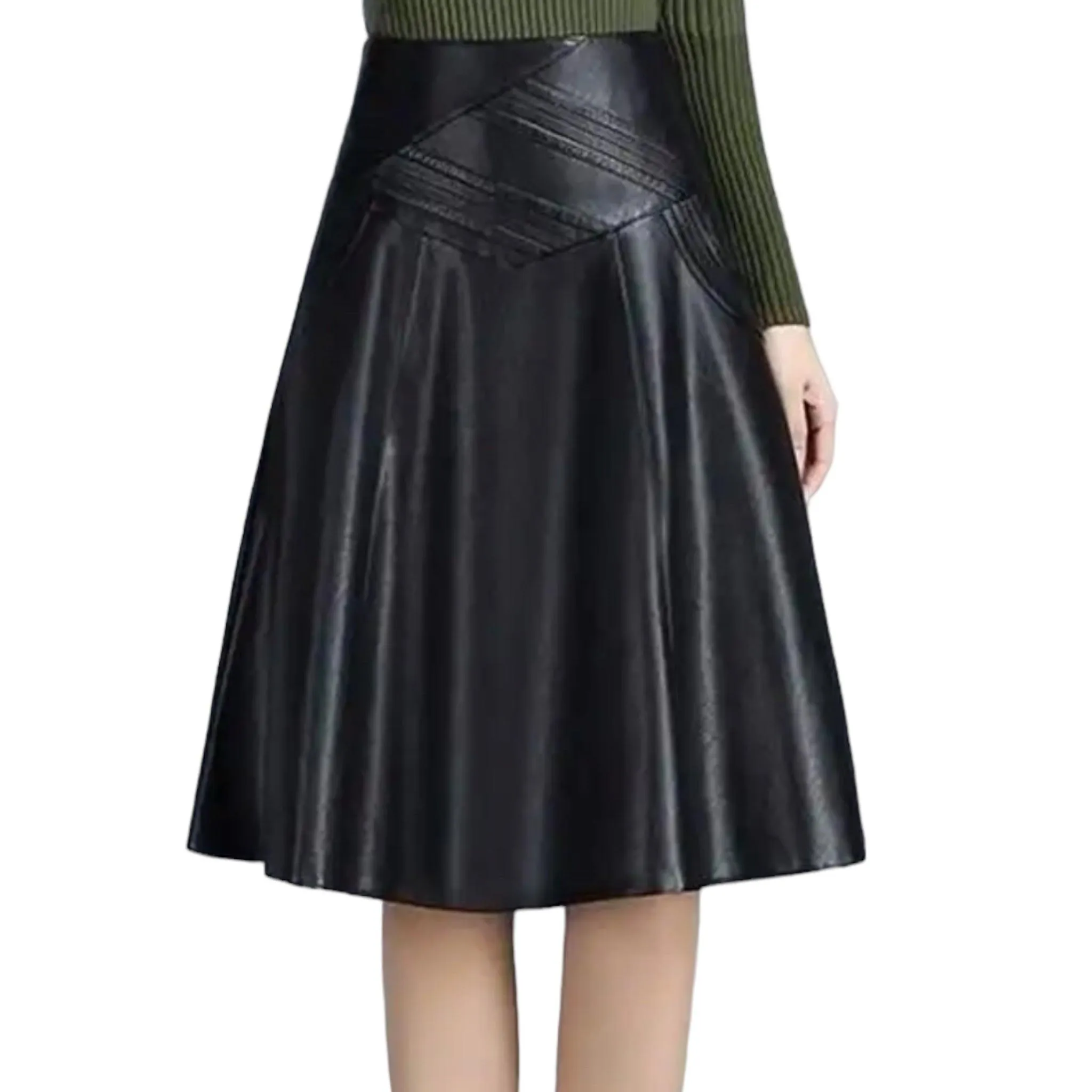 Black Leather A-Line Midi Skirt