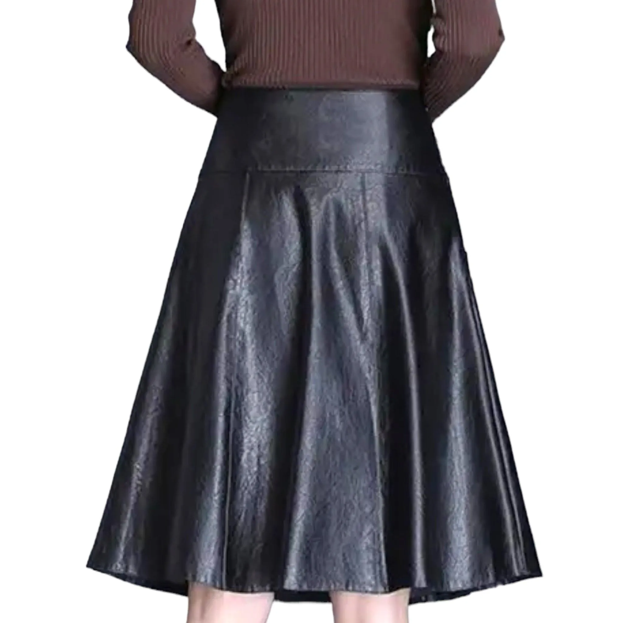 Black Leather A-Line Midi Skirt