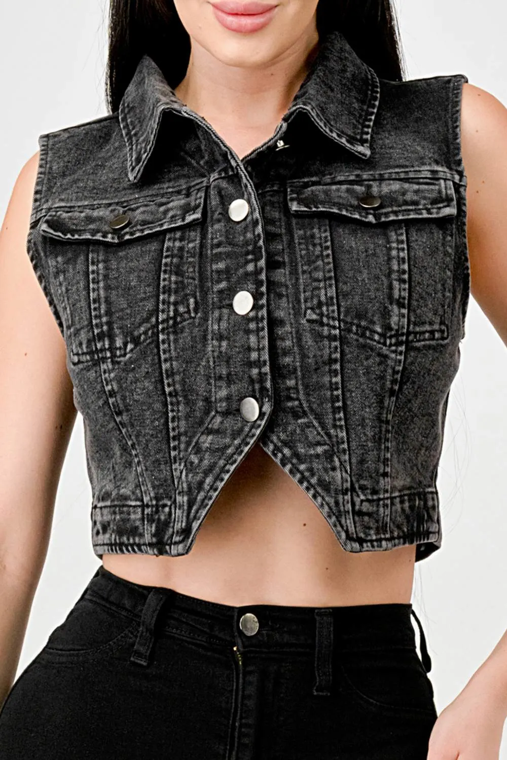 BLACK WASHED DENIM BUTTON DOWN CROPPED VEST JACKET