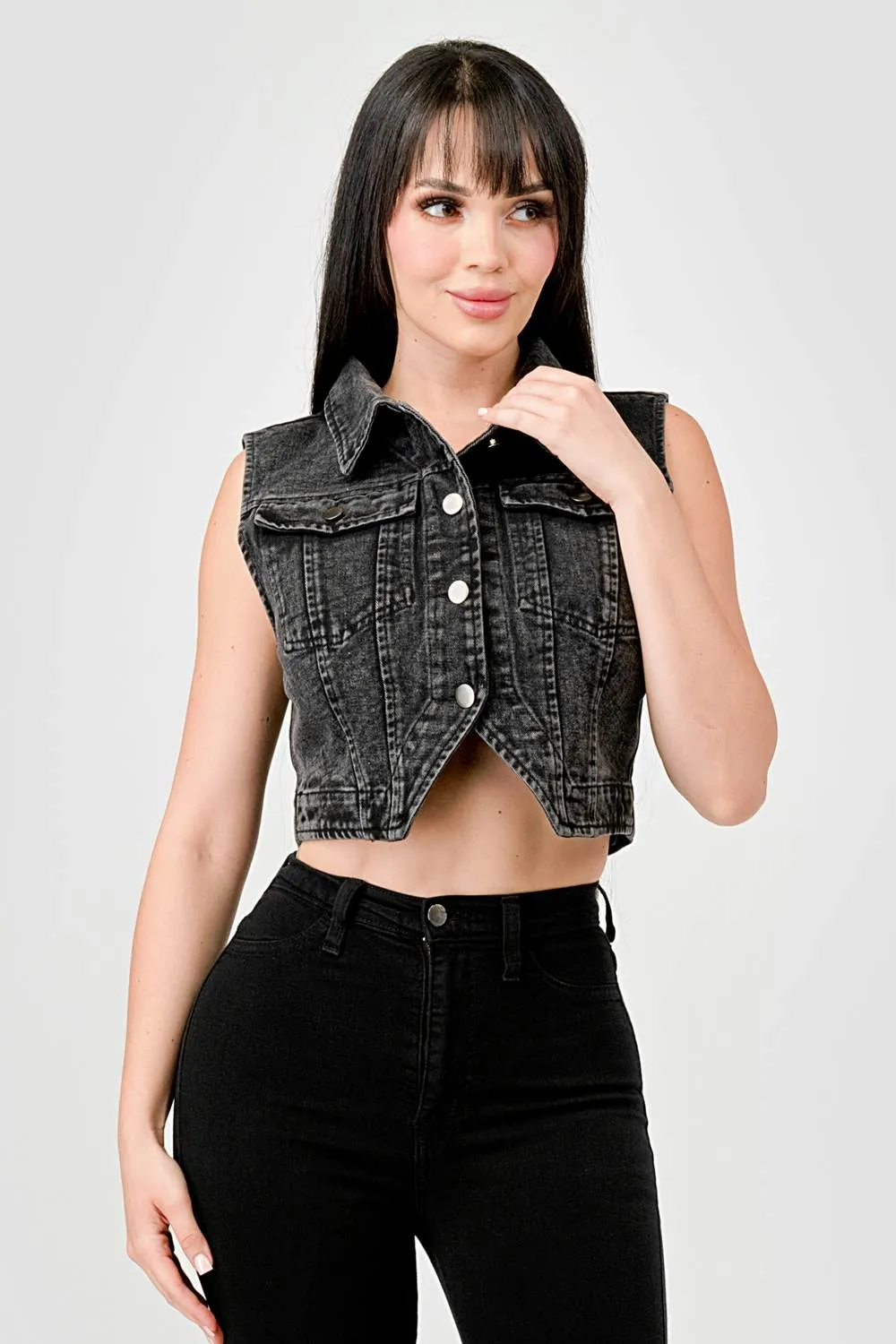 BLACK WASHED DENIM BUTTON DOWN CROPPED VEST JACKET