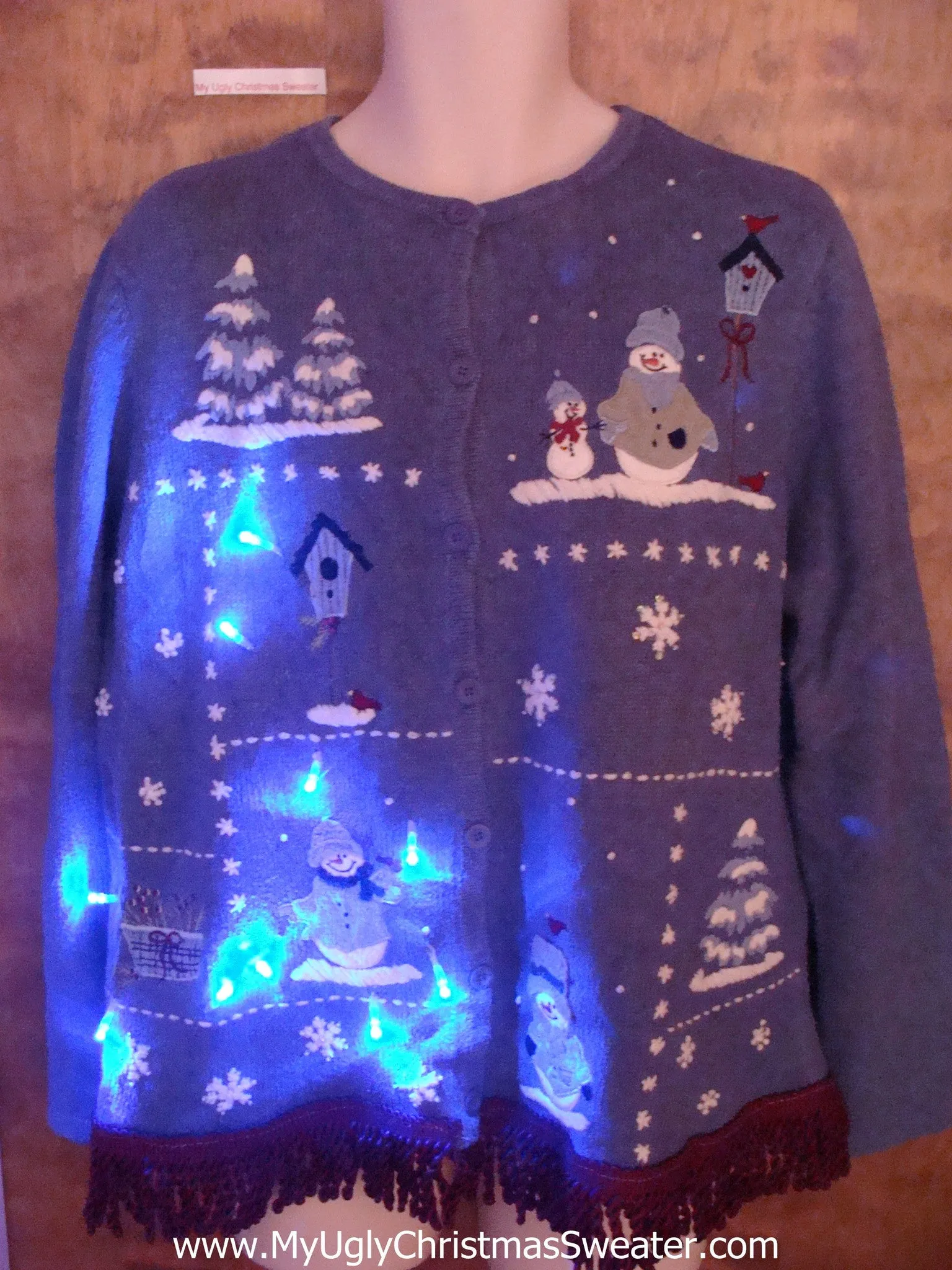 Blue Light Up Ugly Xmas Sweater with Snowmen