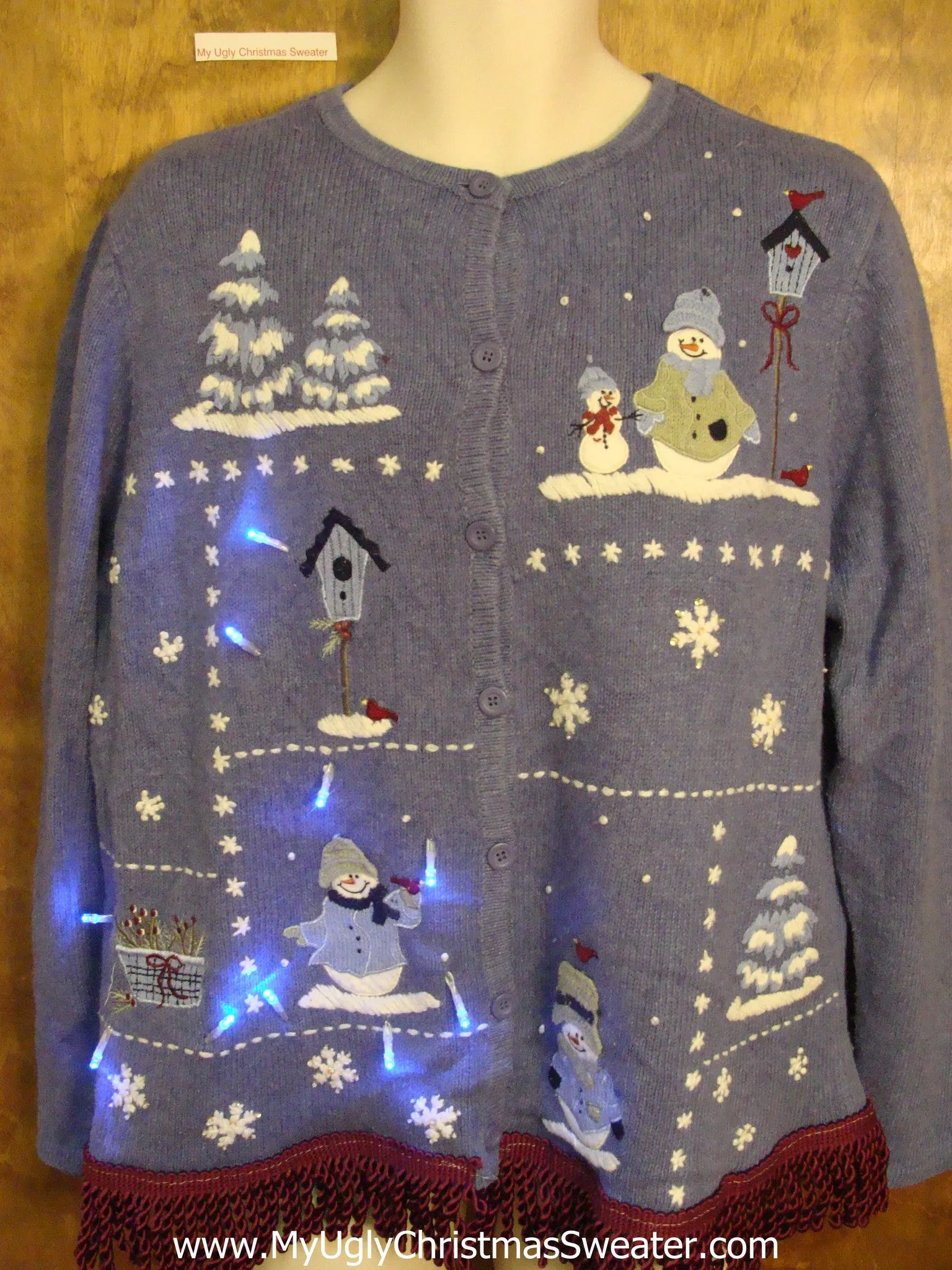 Blue Light Up Ugly Xmas Sweater with Snowmen