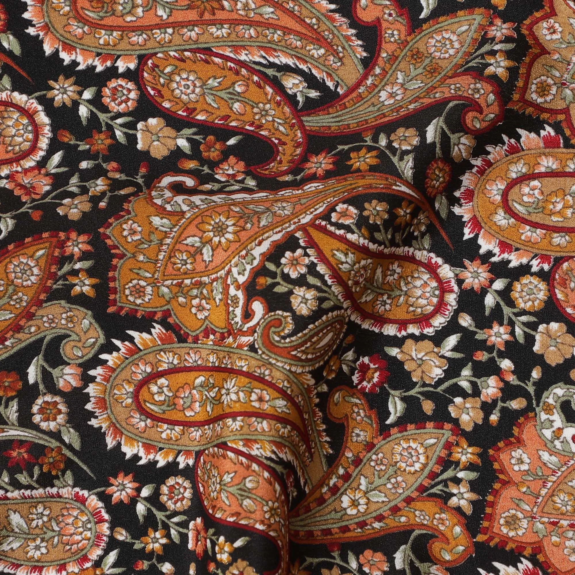 Bohemian Spice Paisley Pure Silk Crepe Fabric - Vibrant, Artisanal Print, 110cm Width, Made in India - Buy Online by the Meter-D18034