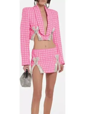 Bow-Embroidered Cropped Blazer and Mini Skirt Set in Pink Houndstooth